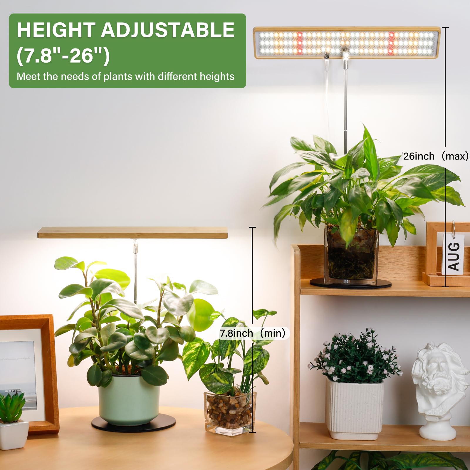 Lordem Grow Lights For Indoor Plants Full Spectrum, Bamboo Plant Lights For Indoor Growing, Table Top Grow Light With Auto On/Off Timer 4H/8H/12H & 4 Dimmable Brightness & Height Adjustment, 2 Pack