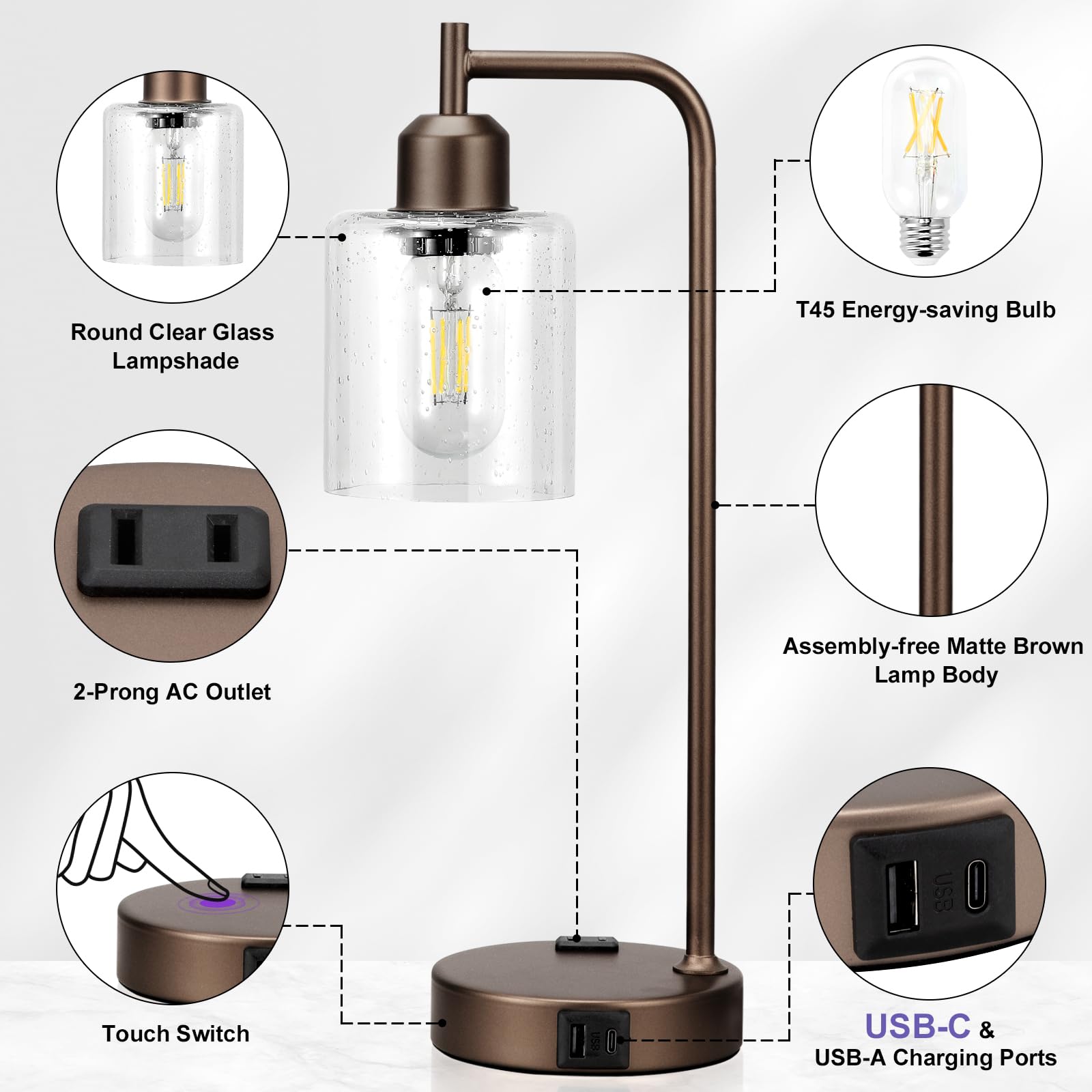 Innqoo Industrial Touch Table Lamps Set of 2 - 3-Way Dimmable, USB Ports, Brown Base & Clear Glass Shade for Living & Bedrooms