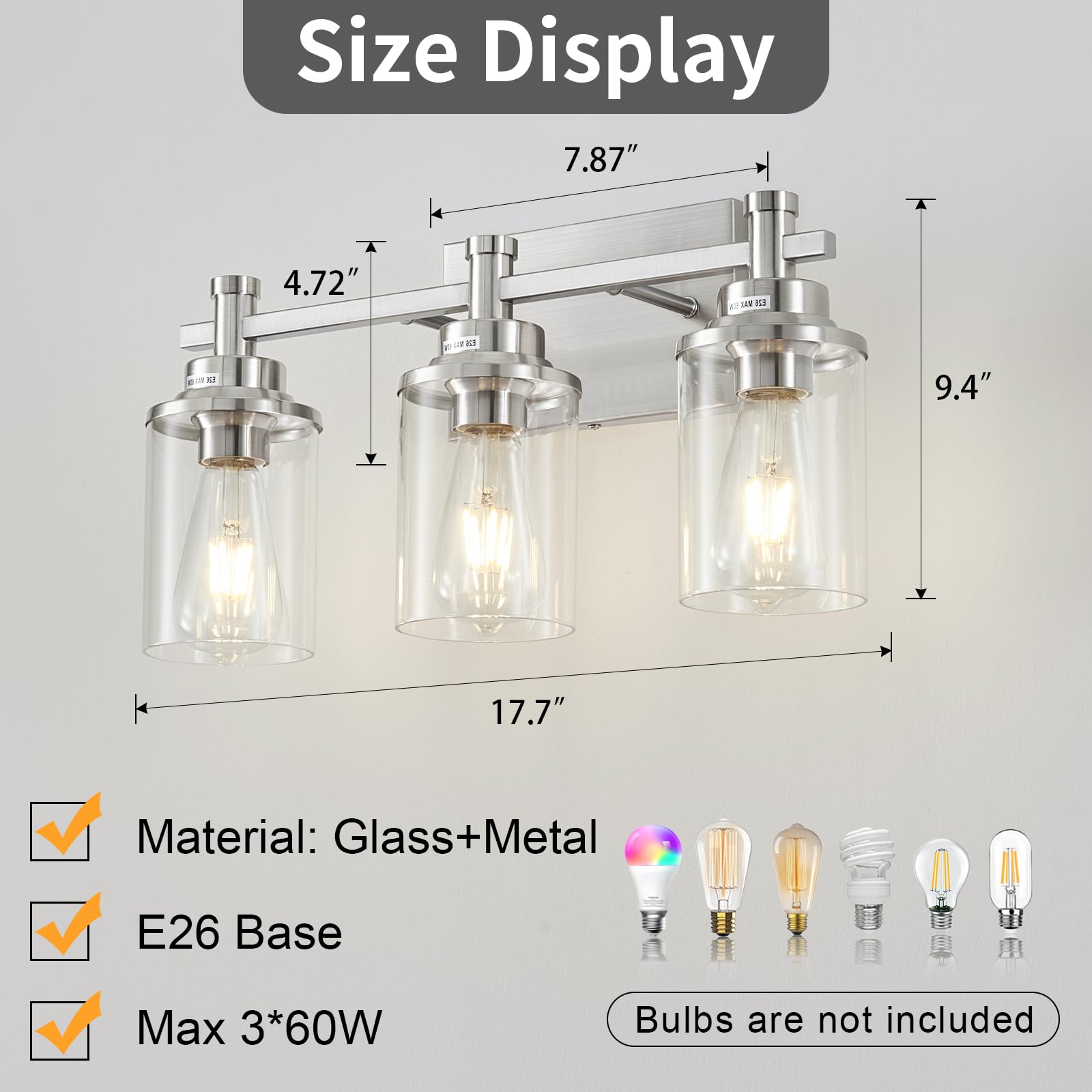 Aixialin Bathroom Light Fixtures Brushed Nickel, 3-Light Vanity Lights With Clear Glass Shade, Modern Bathroom Vanity Light Over