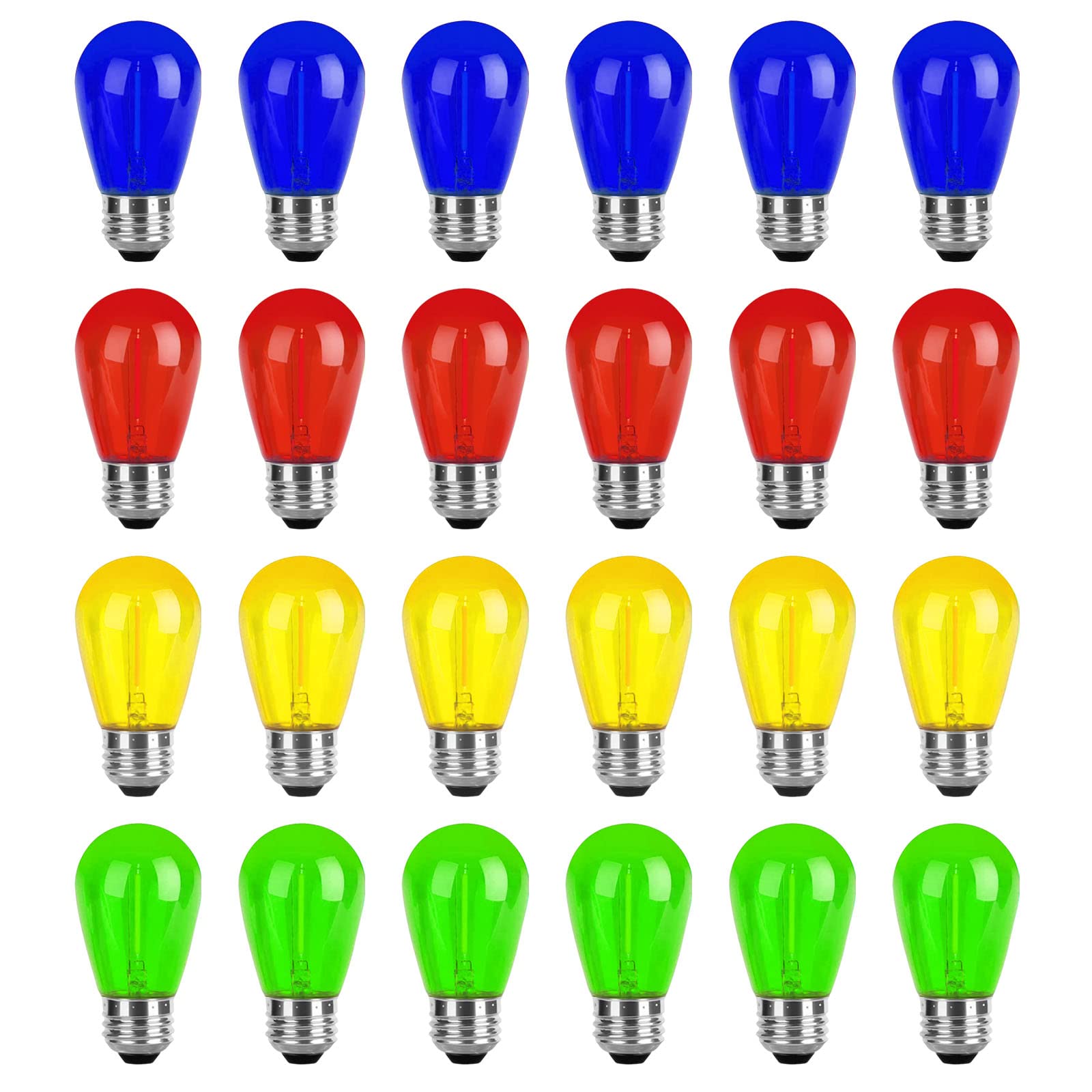 Visther 24-Pack S14 Colored Led String Light Bulbs Replacement, E26 Base 1W Plastic Shatterproof Waterproof, Christmas Light Bulb Red, Green, Yellow, Blue