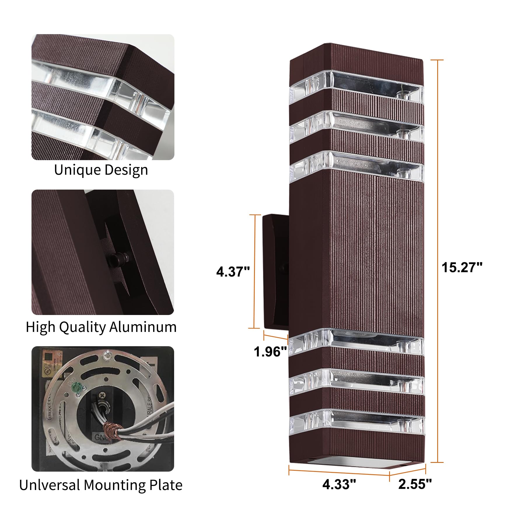 Tewei Outdoor Wall Lights 2 Pack - Modern Waterproof Aluminum Up & Down Porch Sconces, Brown