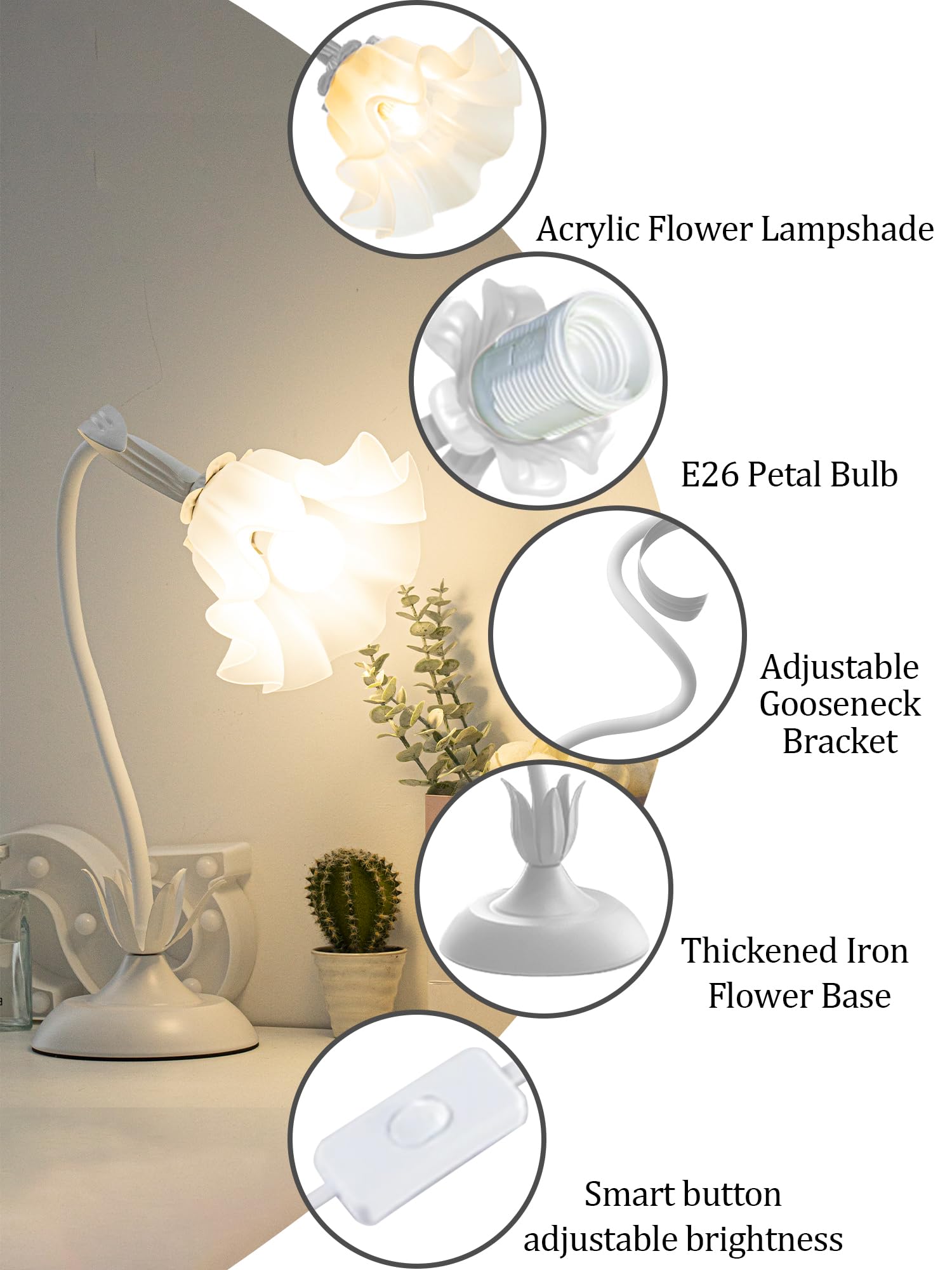 AQDZCNF Vintage Flower Table Lamp, LED Night Light, 3 Color Modes, White, Acrylic, Model MN-QBKR-AEJK-1-2