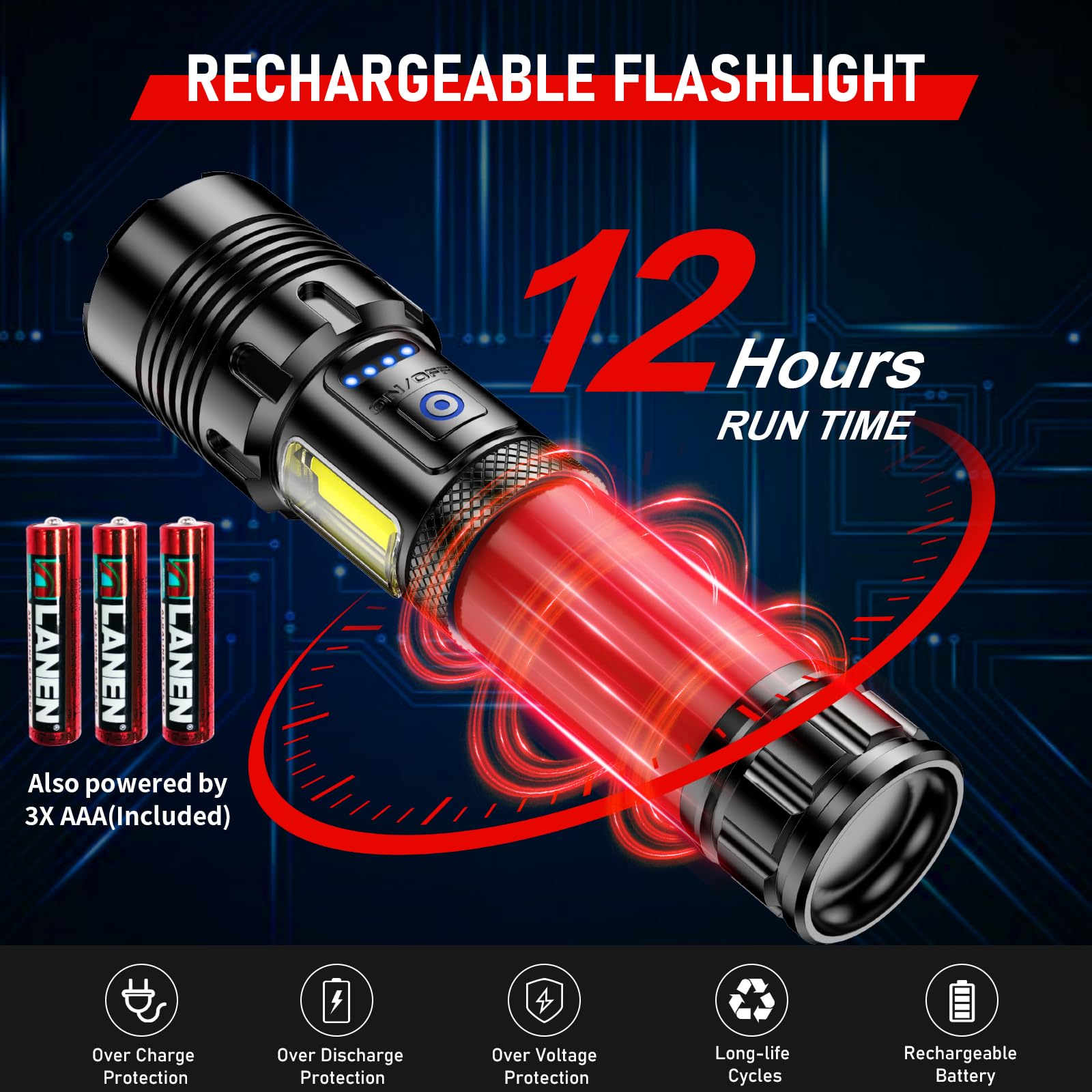 Shadowhawk Rechargeable Flashlight 2000LM, 30W LED, 7 Modes, Charcoal Black, Model YH-BX-S1670