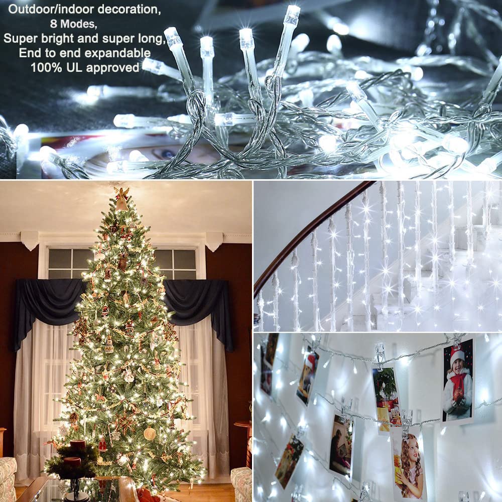 Indoor Christmas Lights Cool White - 320 Leds 115Ft/35M End-To-End 8 Modes Plug In Outdoor Waterproof Decorative Fairy Twinkle String Lights For Xmas Tree/New Year/Thanksgiving Day/Wedding/Patio/Home