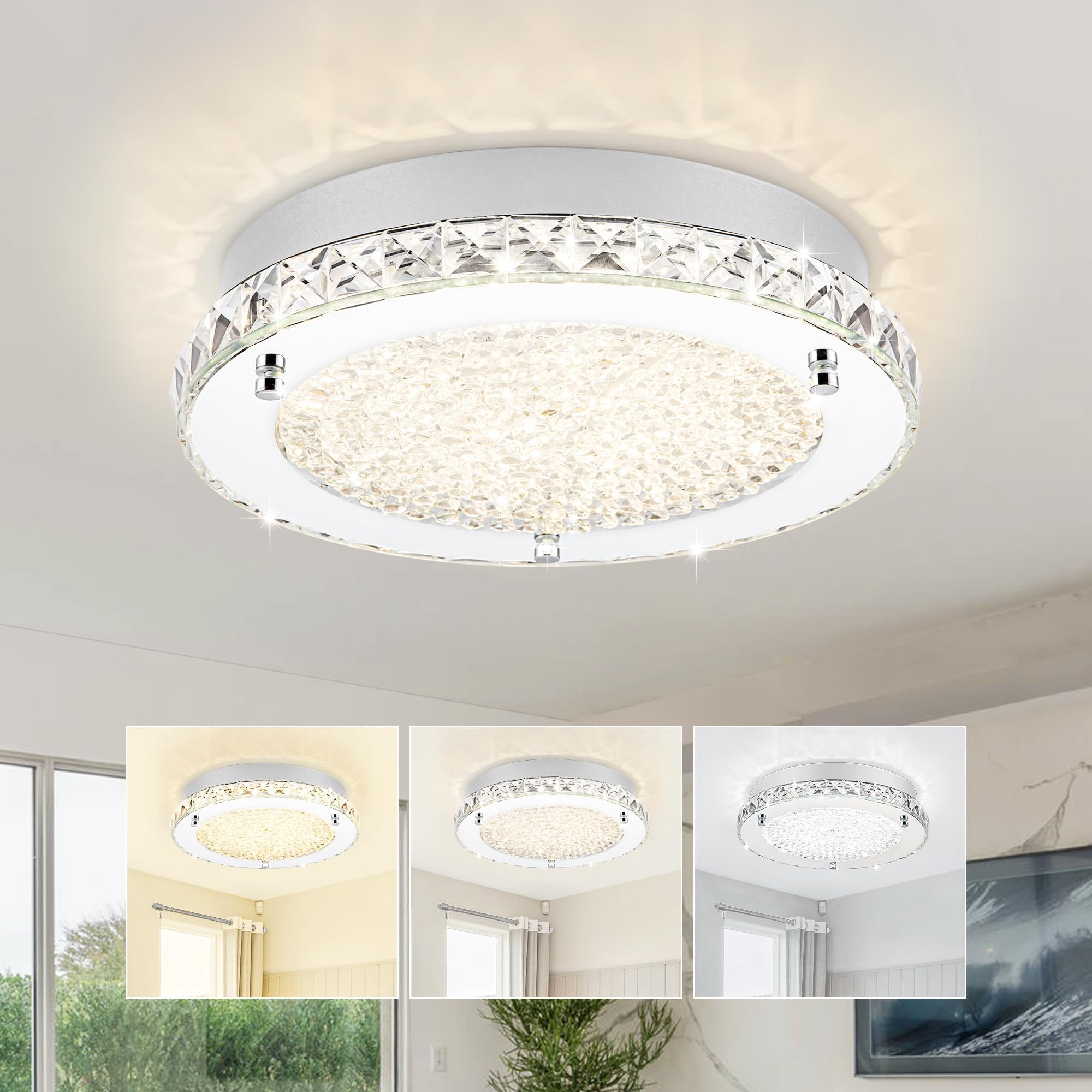 Lzawvm 13&quot; Flush Mount Crystal Ceiling Light - Led 3-Color Change For Modern Hallway & Living Room