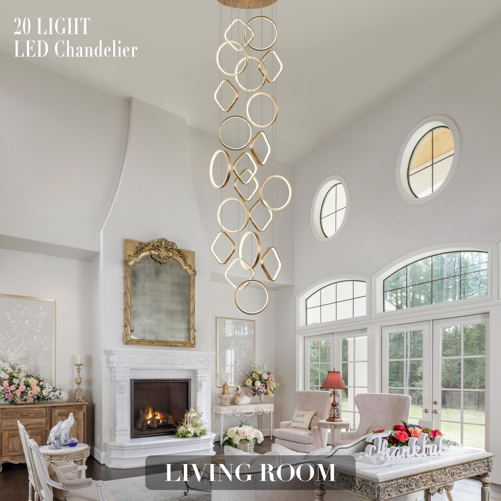 AIRYPHANT Modern LED Chandelier 20-Light Dimmable Gold 3000-6500K Remote Control P2001-20GDC1 for High Ceiling Living Room Entryway