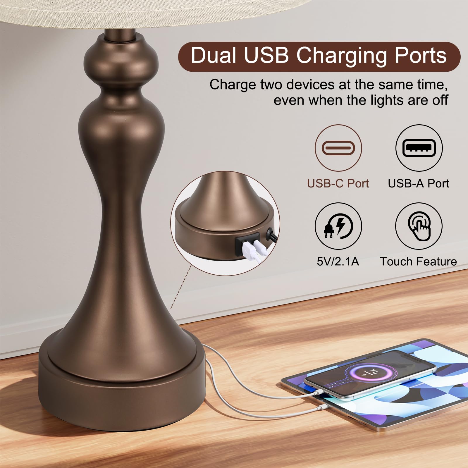 Seealle Touch Lamps Set of 2 - 3 Way Dimmable, Metal, Oat Shade & Brown Base, 9.5 x 9.5 x 19 inches, USB C