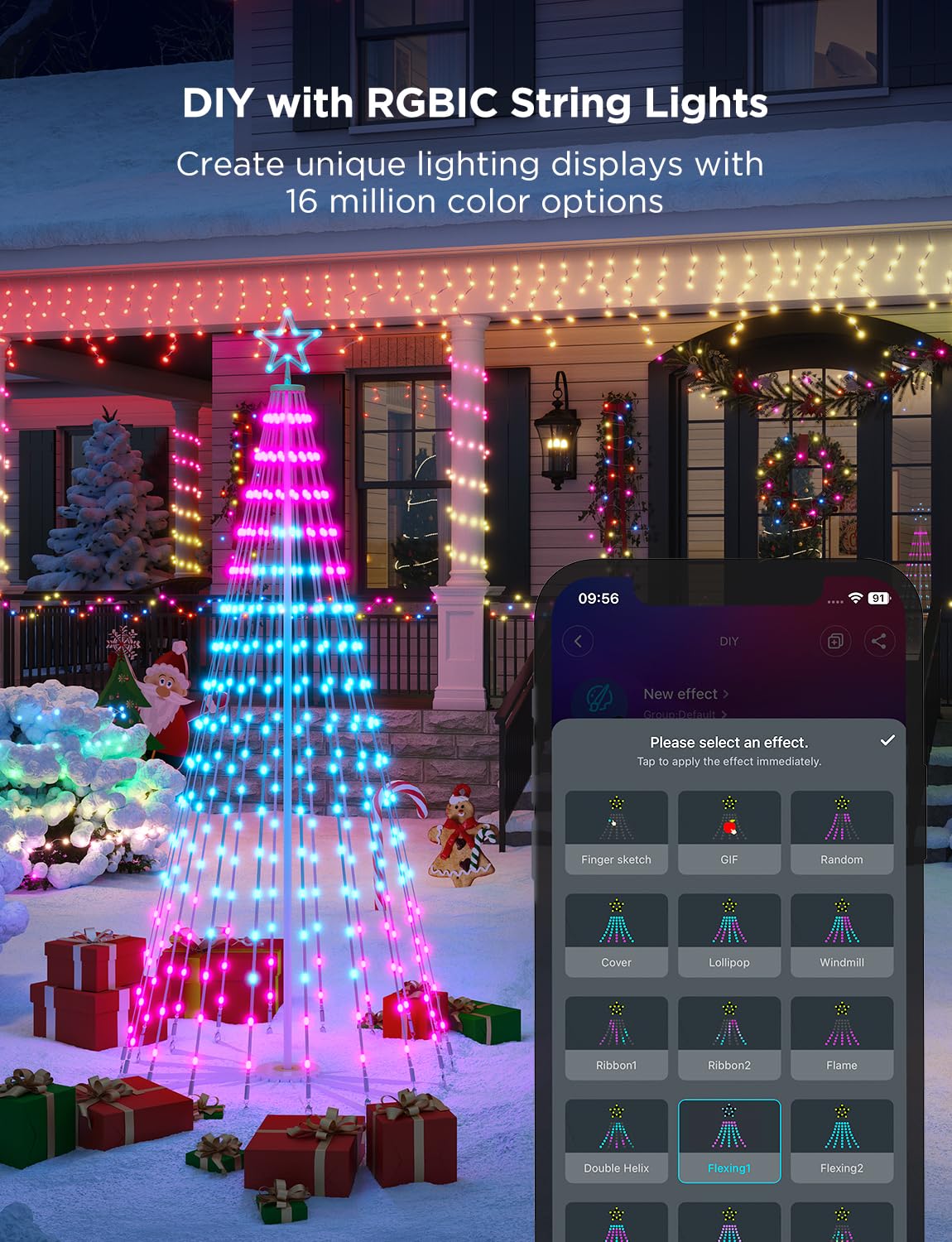 Govee 6FT Christmas Cone Tree Lights, 316 LEDs RGBIC, Smart App Control, IP67 Waterproof, White Stand, Model H6840