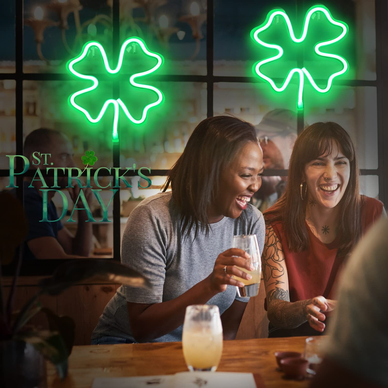 Nuanchu St. Patricks Day Window Decoration, Shamrock Window Lights Green Four Leaf Neon LED Light for St. Patricks Day Irish W