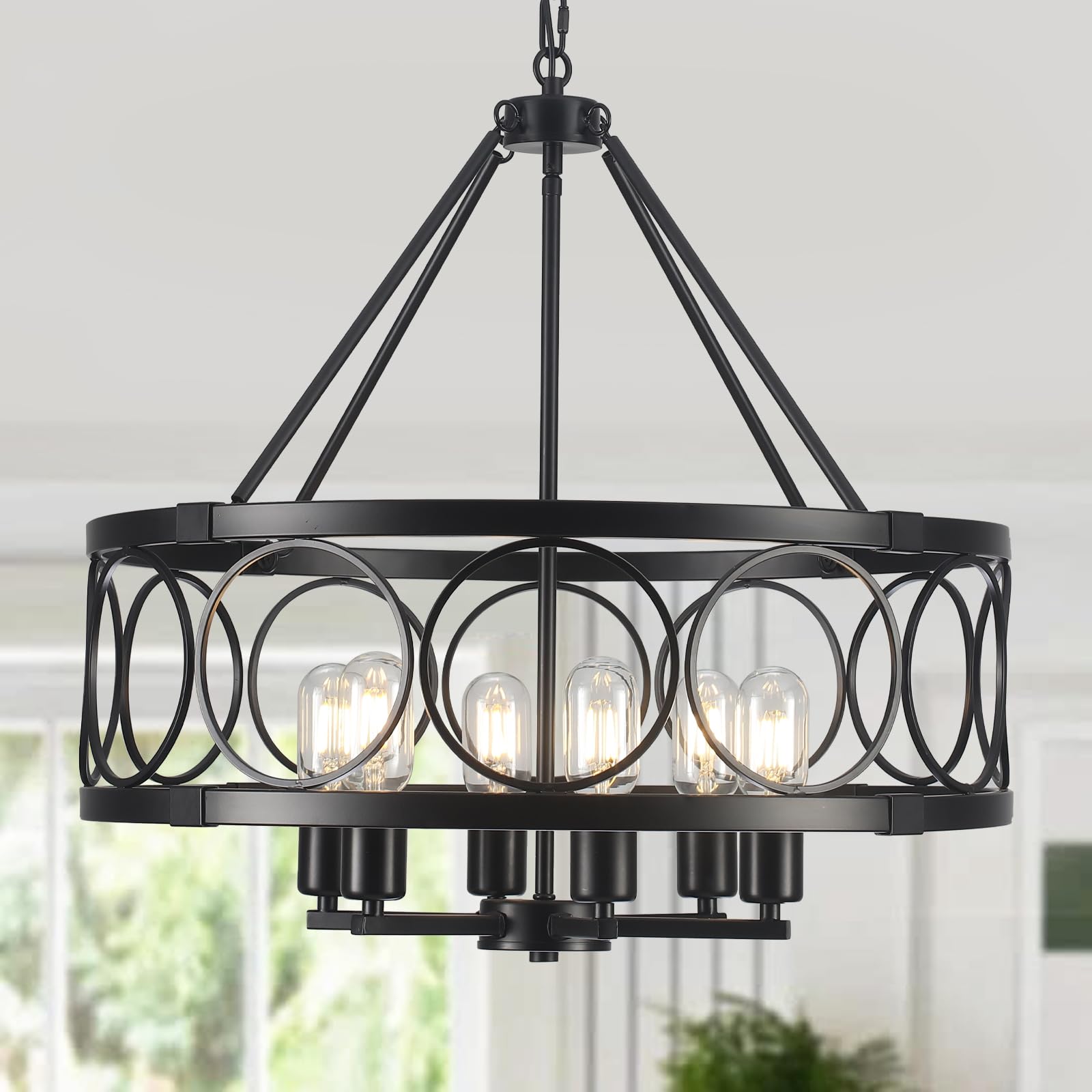 SLBWQ Black Farmhouse Chandelier, 6-Light Rustic Chandeliers for Dining Room Light Fixture, Drum Chandelier Round Pendant Light,