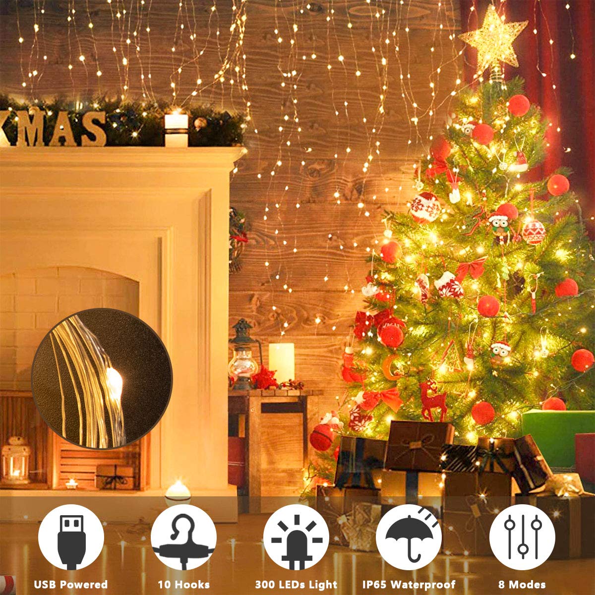 SUWITU Fairy Curtain Lights for Bedroom 300 LED, Christmas String Lights USB Plug in 8 Modes Wall Hanging Twinkle with Remote Co