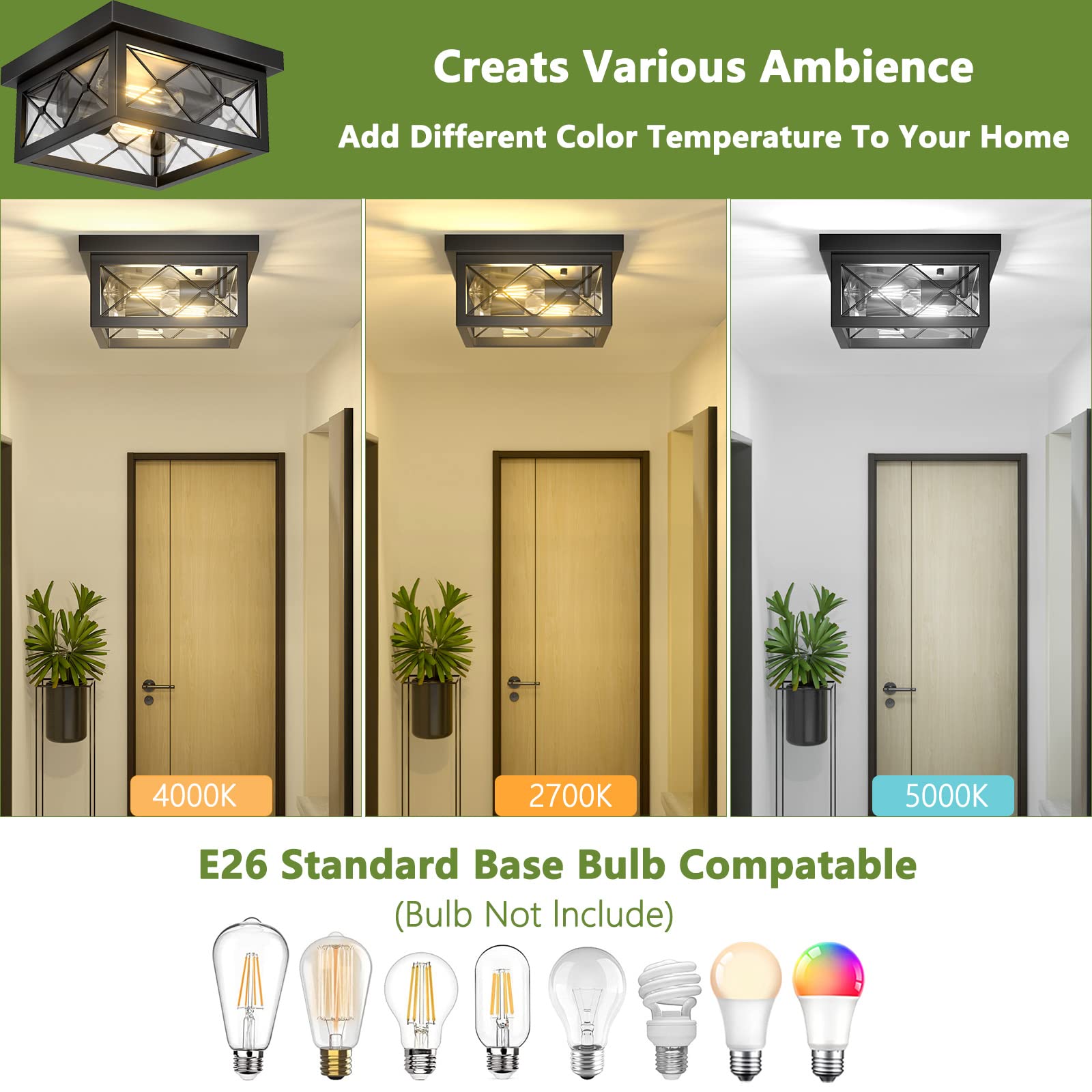 Asnxcju Farmhouse Light Fixtures Ceiling Mount, 2-Light Black Flush Mount Ceiling Light With Clear Glass Shade, Metal Cage Squar