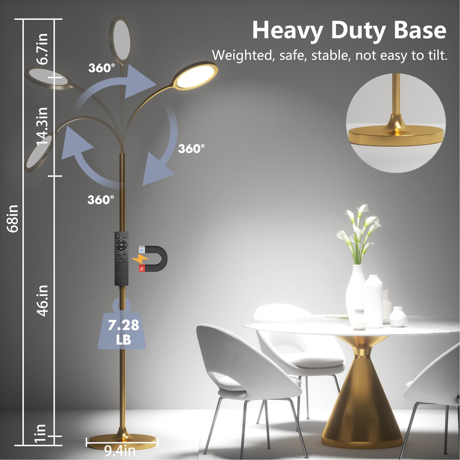 Luckystyle Gold Dimmable LED Floor Lamp with Remote, Adjustable Gooseneck, Model LY-UK-05
