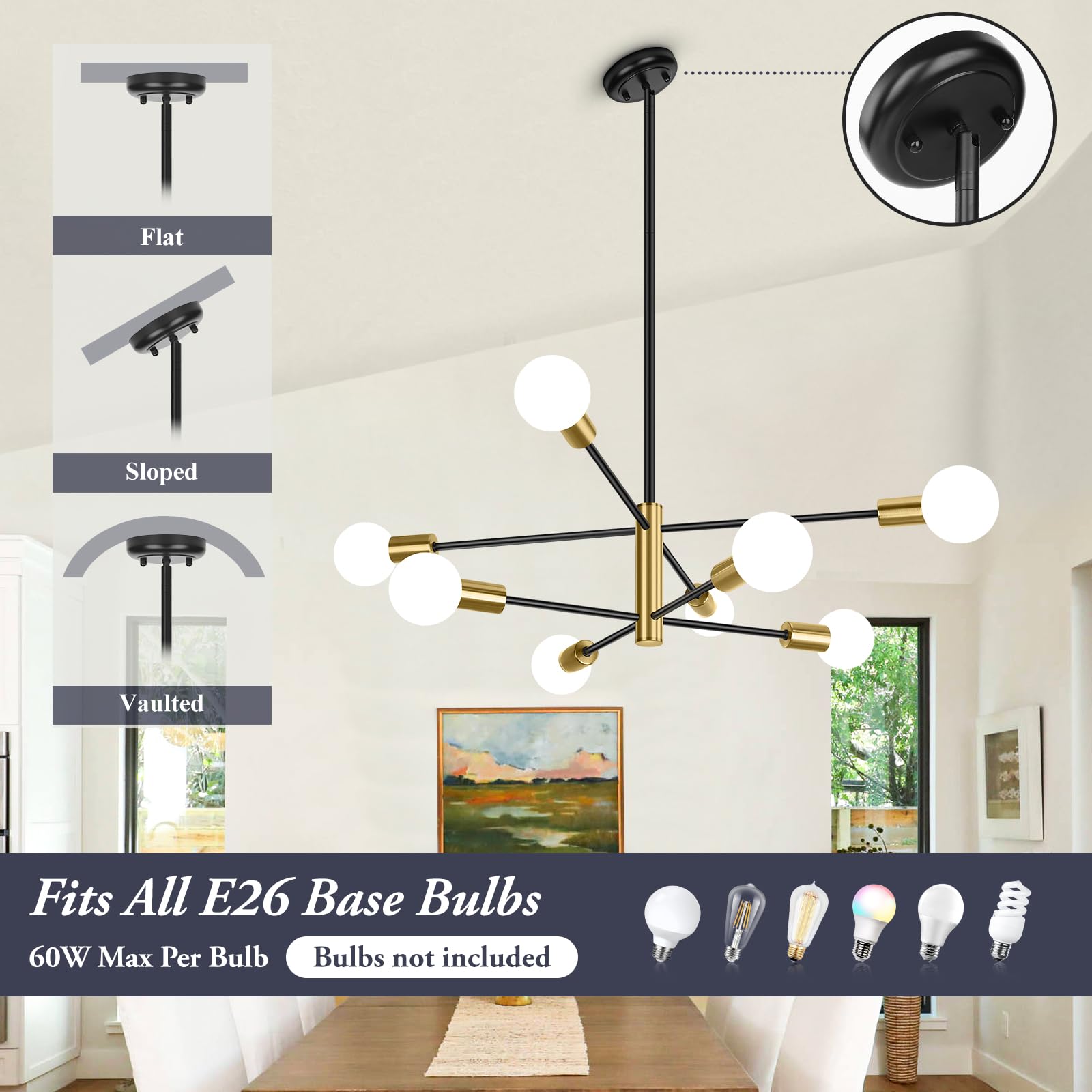 Beslowe 8-Light Modern Sputnik Chandelier, Mid Century Black & Gold Chandeliers Lighting, Farmhouse Ceiling Hanging Light Fixtur