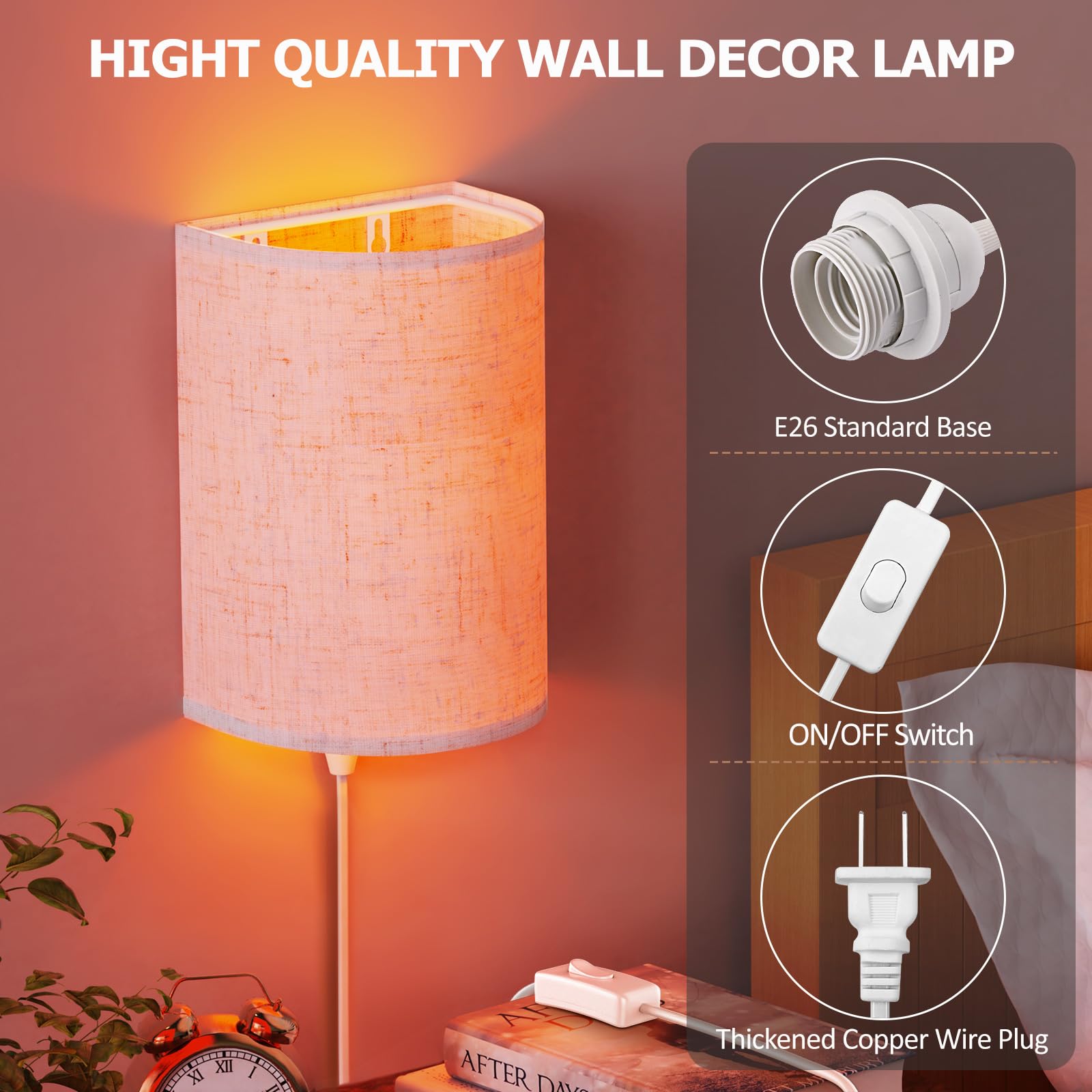 OCATO Wall Sconces Set of Two, Fabric Linen Shade, 3000K/4500K/6000K Selectable, Beige Plug-in, Model BYD-AC-001