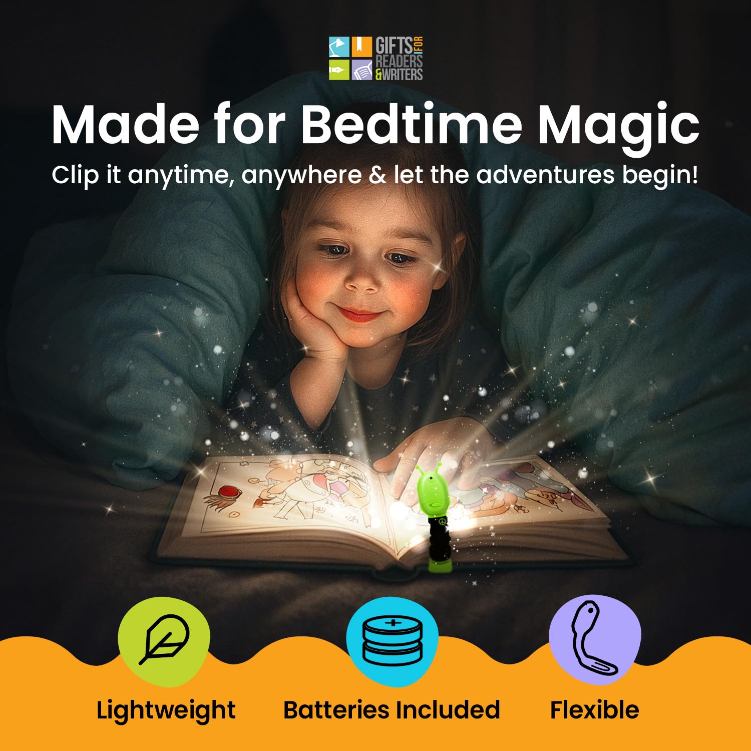 Gifts for Readers & Writers Flexilight Pal 2-in-1 LED Reading Light, Portable Bookmark & Clip-On Lamp, Battery Operated, Alien Green