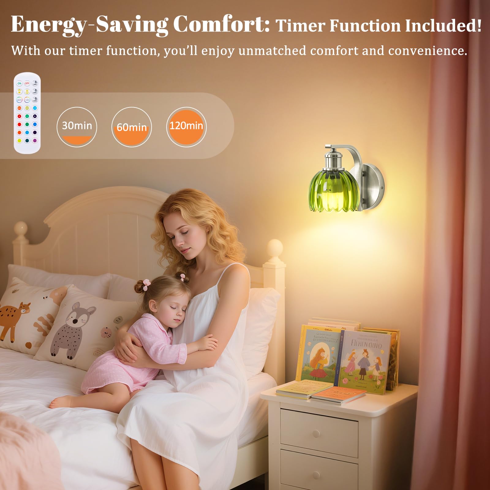 VerRon Rechargeable Wall Sconce Set of 2, Green Glass Lampshade, Wireless, Remote Control, Brushed Nickel, Model B05092P