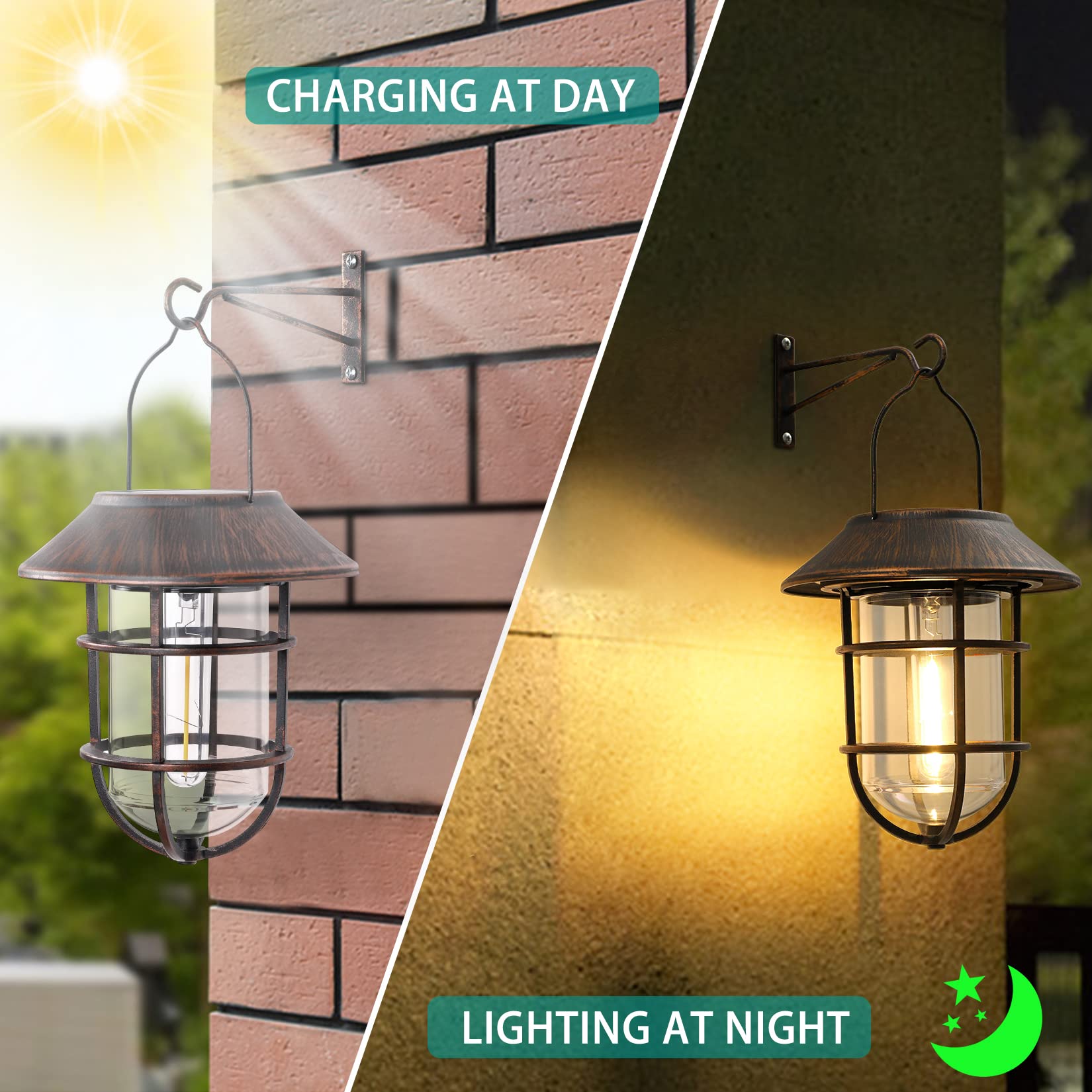 Derynome Solar Outdoor Lights, Waterproof Hanging Lanterns with Wall Mount Kit, Bronze, 2 Pack, Model JM020SLPK2