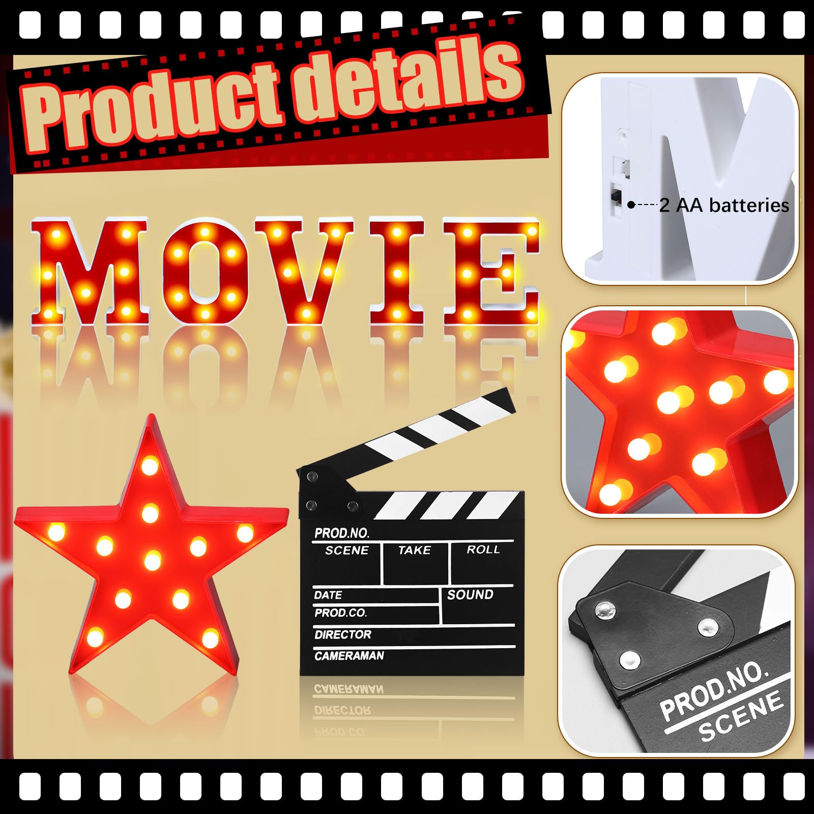 Aurelema LED Light Up Movie Night Letters Sign, 7 Pcs Decorations, 6.3in  Height, Red, Model MJO-Aurelema-1534