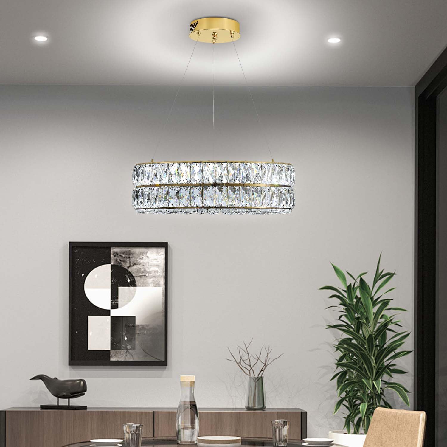 Idequy Led 15.7'' Gold Ring Crystal Chandelier, Modern Dimmable Chandeliers Lighting And Hanging Adjustable, Led Round Ceiling L