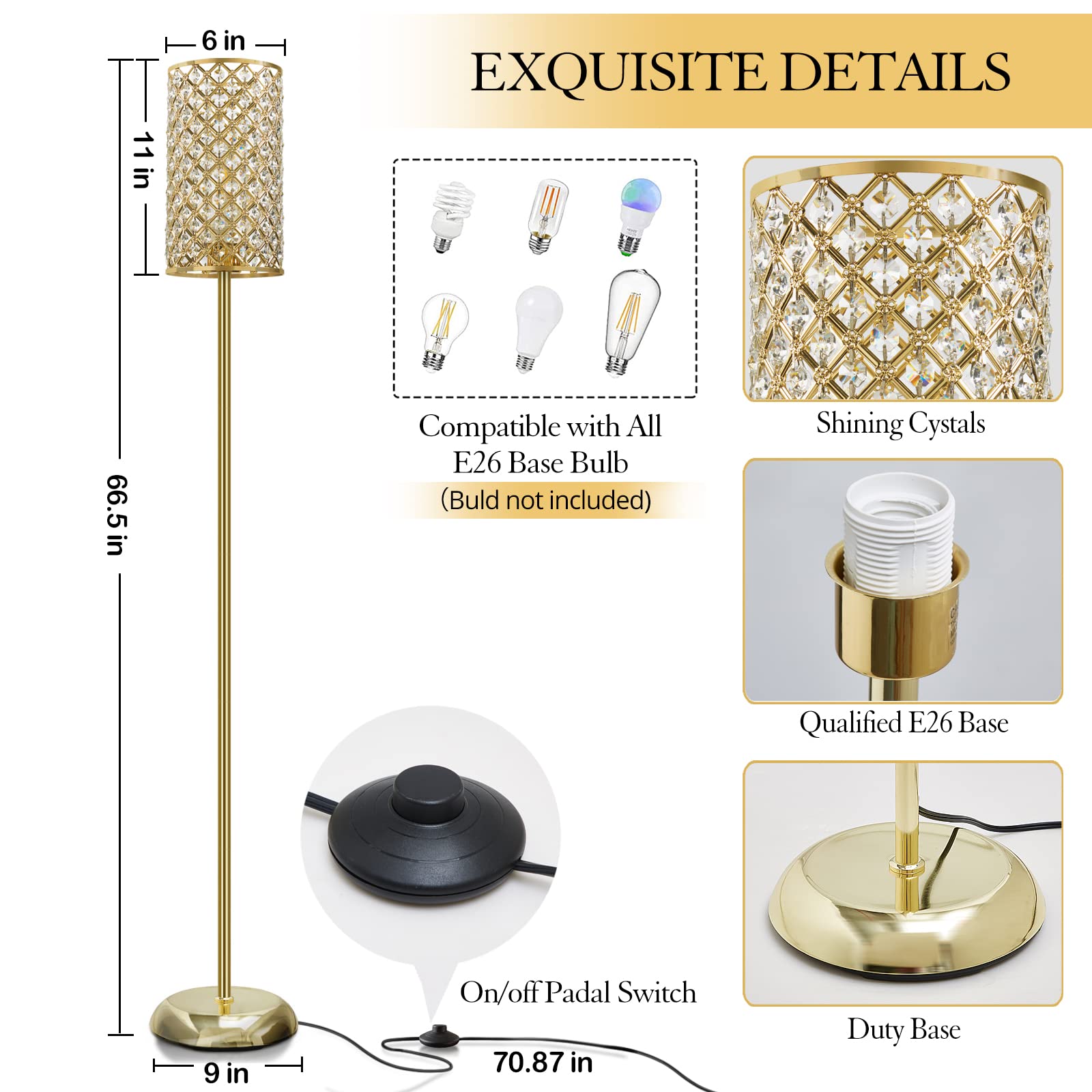 GyroVu Gold Floor Lamp, Elegant Crystal, 9x9x66.5in, Model R-1FL-65008, Modern Standing Lamp for Living Room, Bedroom, Office