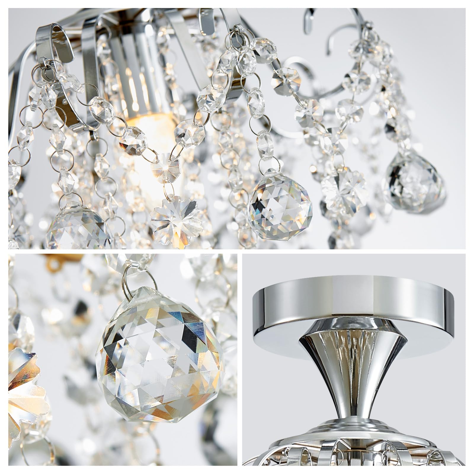 WUZUPS Crystal Chandelier Flushmount Ceiling Light, Modern Chrome Fixture, 13.4"H x 12.6"W, E26 Base, Ideal for Bedroom, Hallway, Kitchen