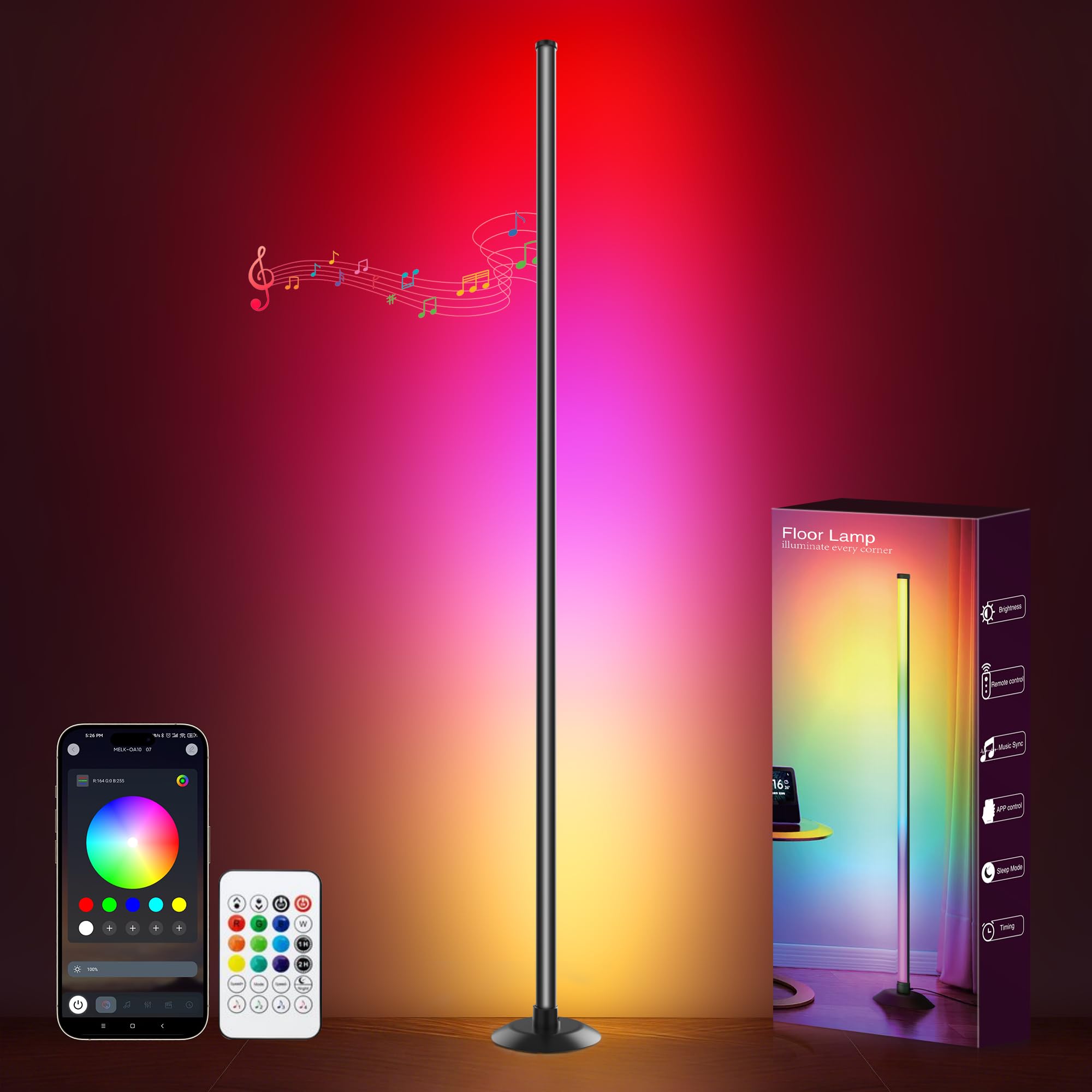 Rihvy Led Corner Floor Lamp USB Powered IC+RGBW Color Changing, App & Remote Control Led Lamp Music Sync, Timer, 64+ Music Modes