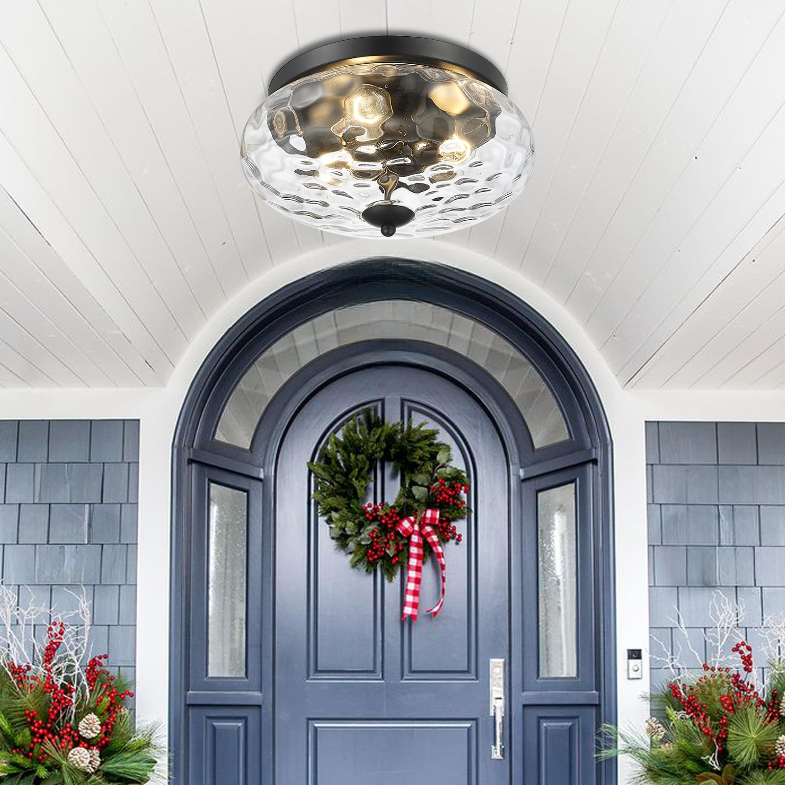 Darkaway Large Ceiling Light Fixtures, 3-Light Flush Mount Indoor Outdoor Ceiling Light With Water Ripple Glass Shade For Hallwa