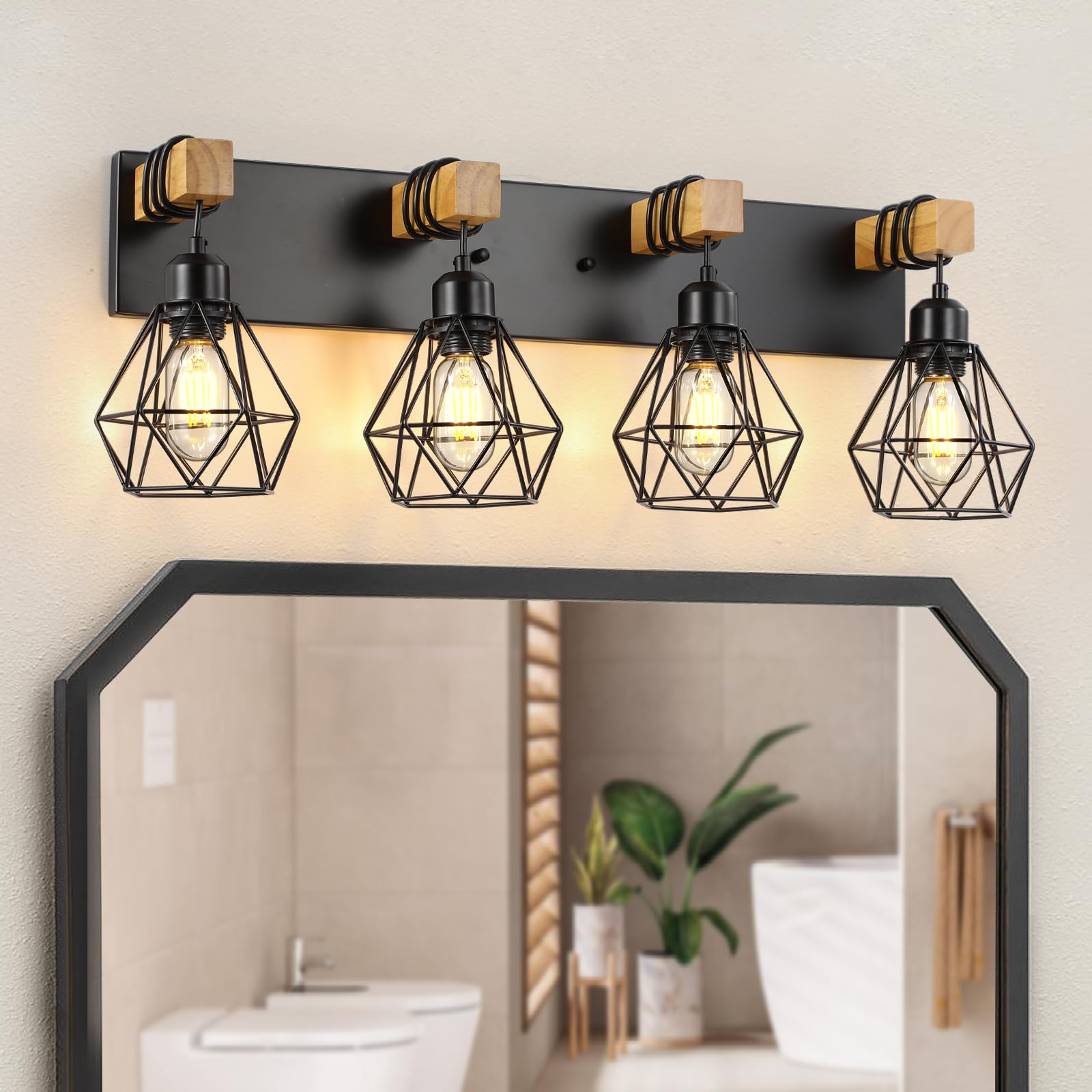 4-Light Farmhouse Bathroom Vanity Light Fixtures, Wood Bathroom Light Fixtures Over Mirror, Rustic Sconces Wall Lighting With Elegant Metal Lampshade For Living Room, Bedroom, Hallway