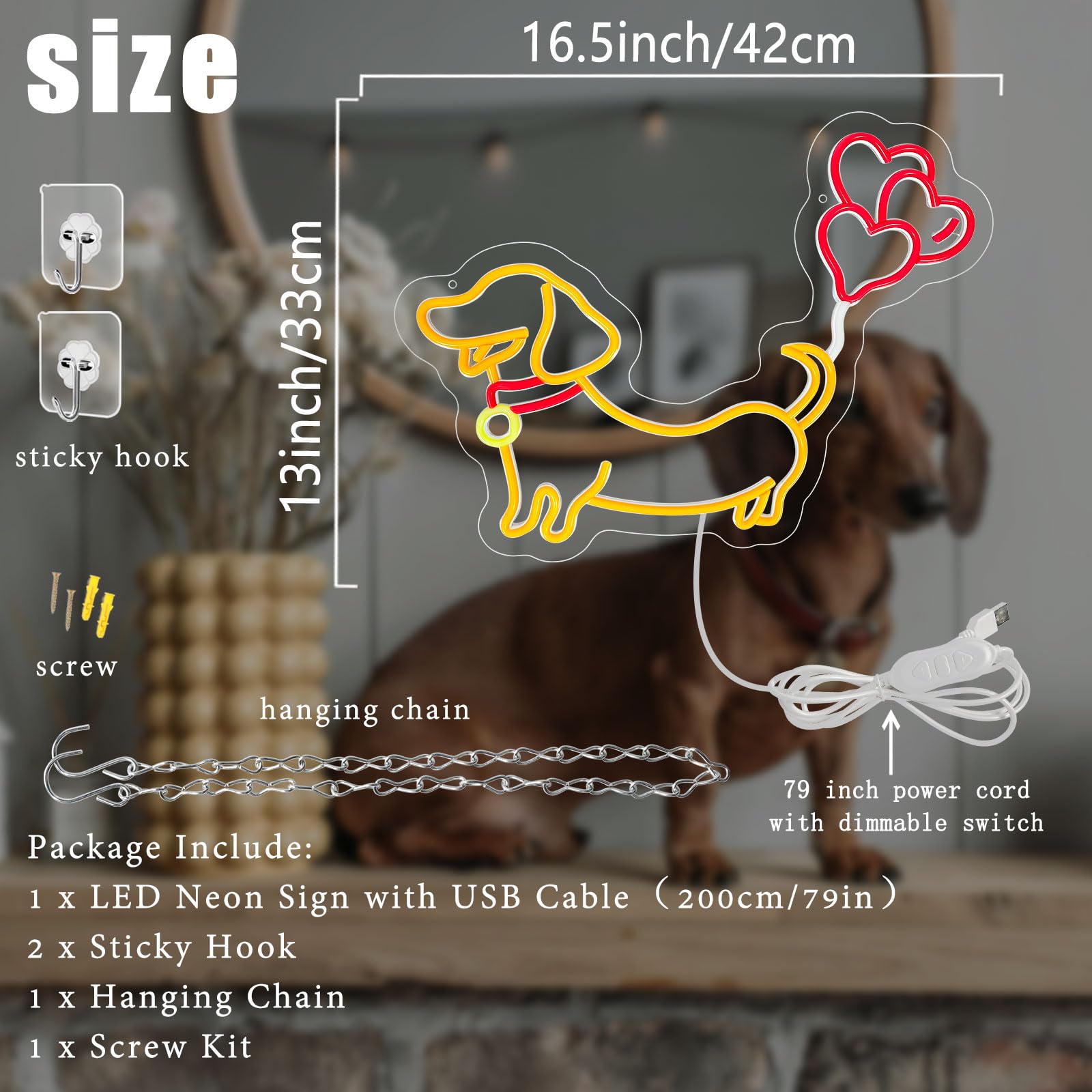Nen Sign Dachshund Neon Sign, Dimmable LED Light for Wall Decor, 16.5 x 13 x 0.8 inches, Polyvinyl Chloride, Cute Puppy Design