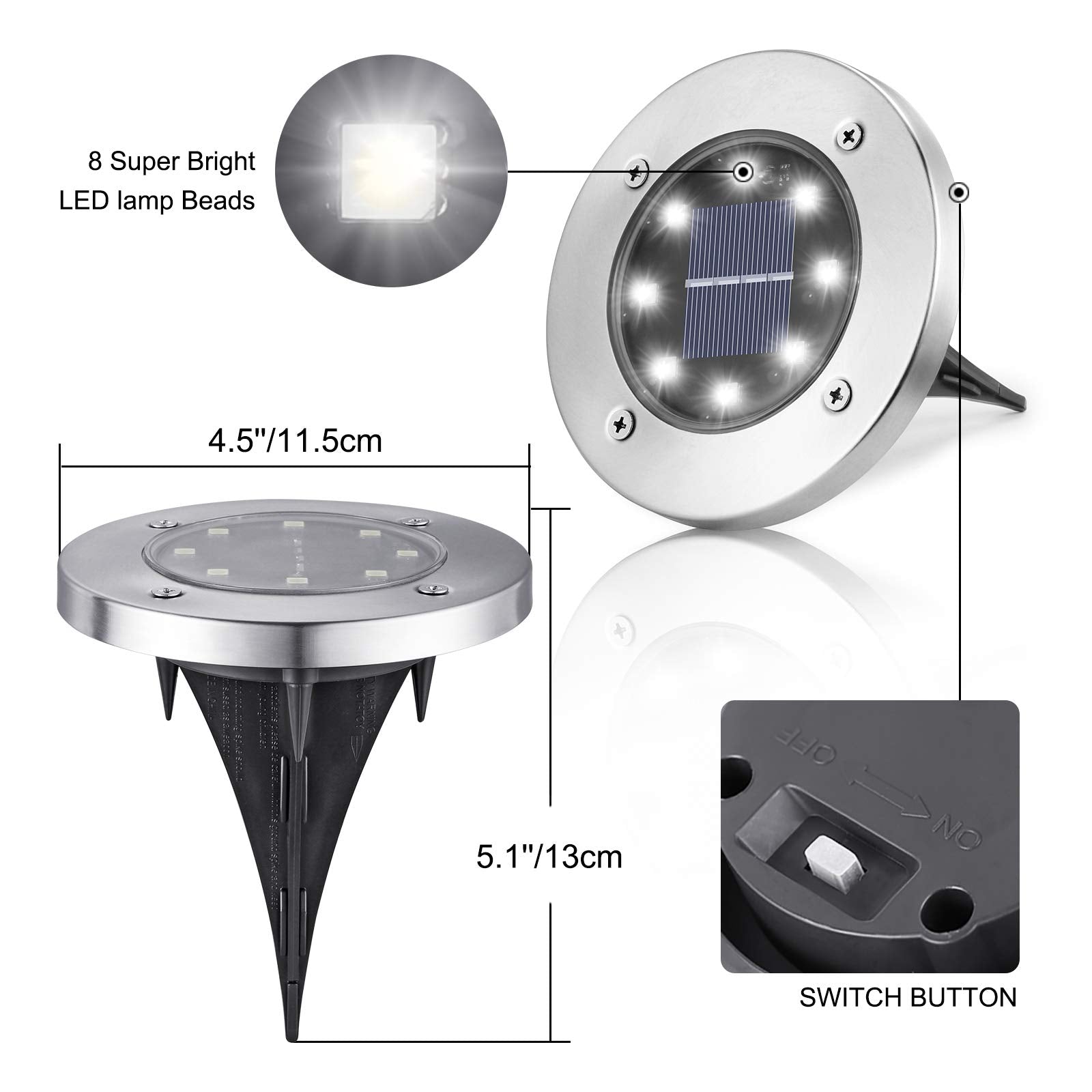 LYHOPE 16 Pack Solar Ground Lights, 8 LED Waterproof Disk Lights for Lawn, Yard, Deck, Patio, Walkway - White Landscape Lighting