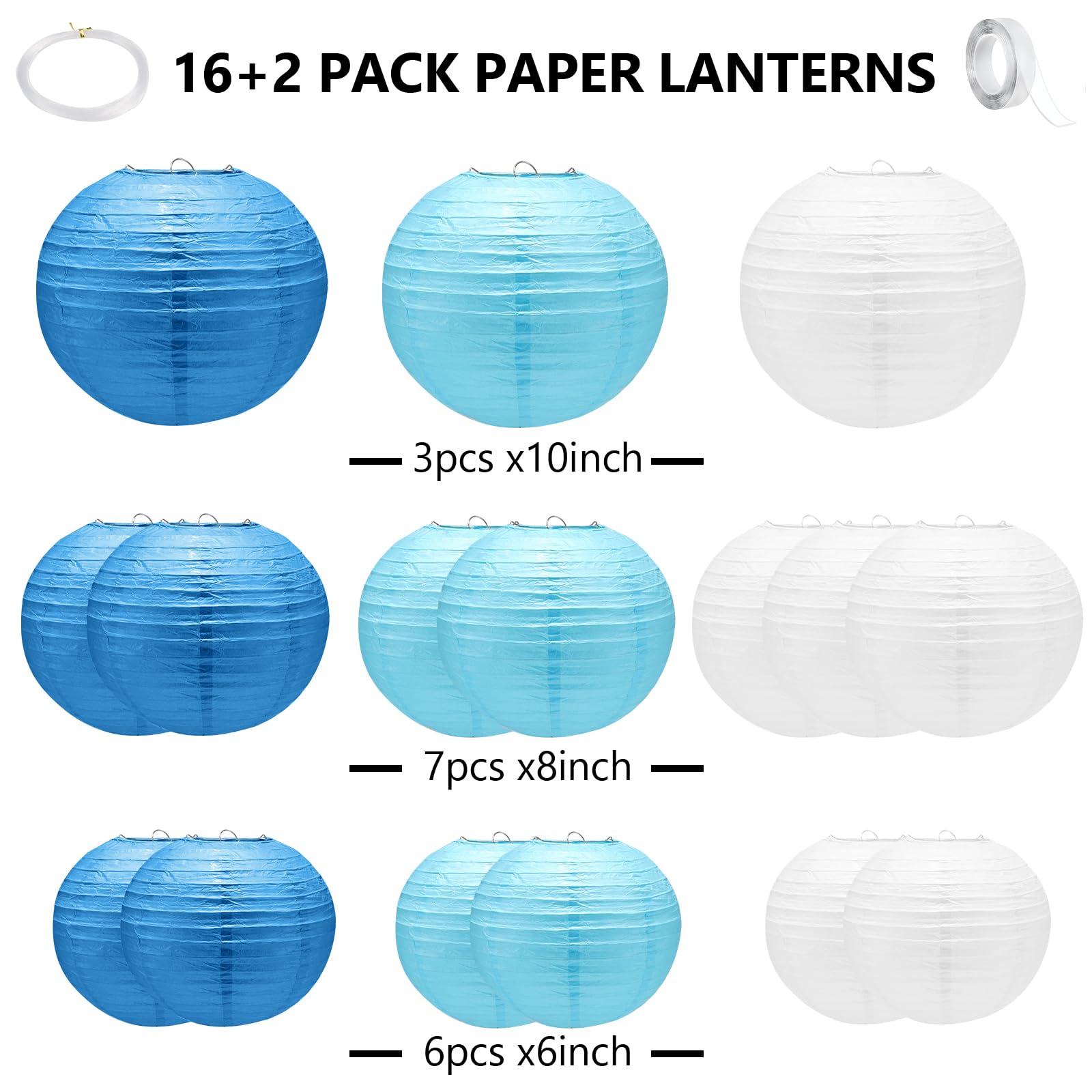 16 Pack Blue White Paper Lanterns Decorative,Hanging Round Paper Lantern Party Supplies With Tape And String For Graduation Wedd