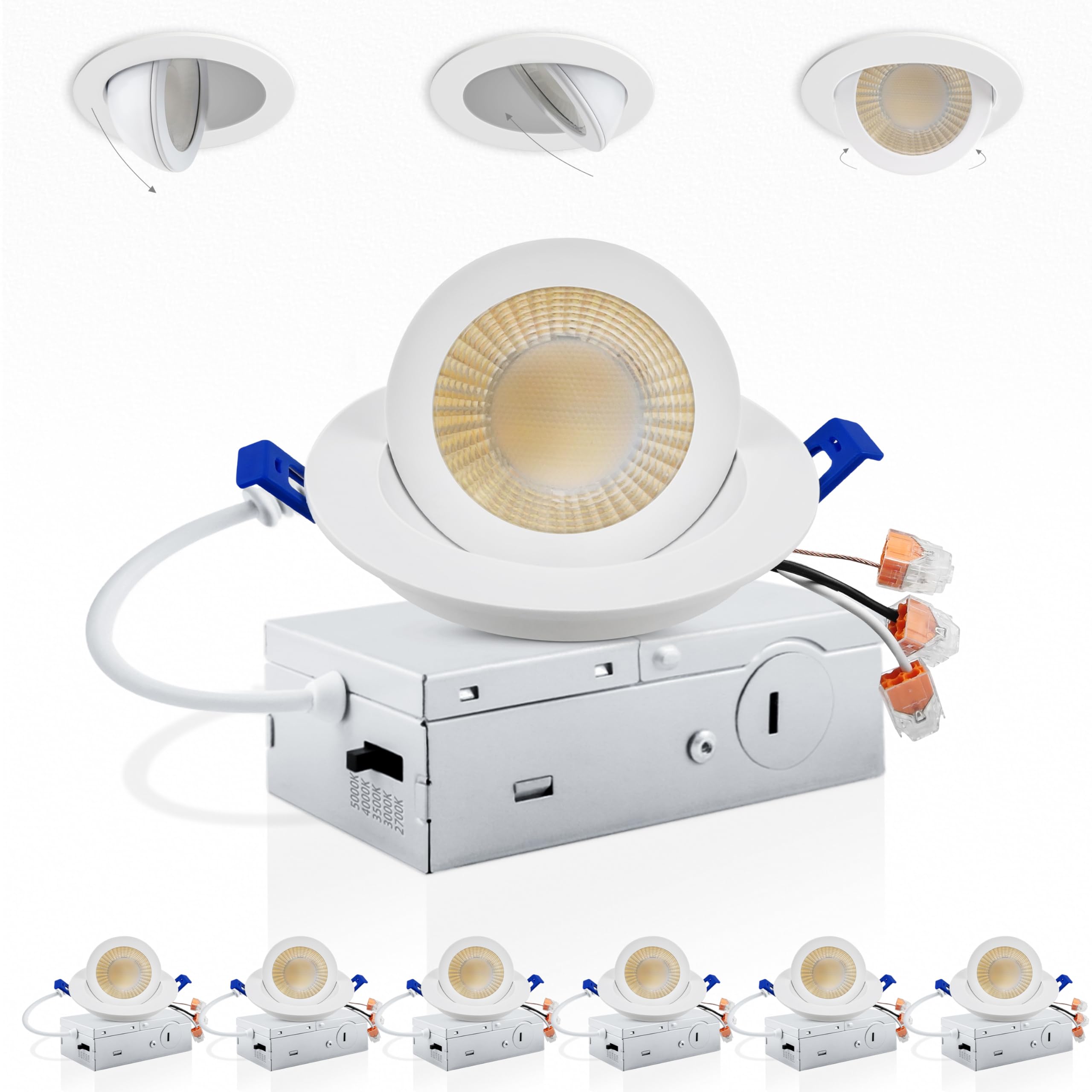 Adetu 3 Inch 5CCT Gimbal Led Recessed Lighting with Junction Box, 2700K/3000K/3500K/4000K/5000K Selectable, 7W Eqv 80W, 360+90 A