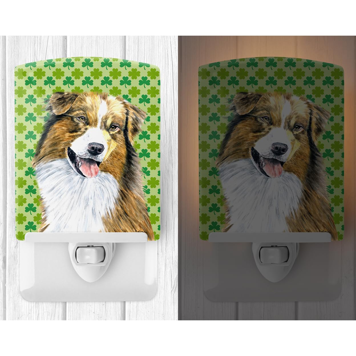 Caroline'S Treasures Sc9317Cnl Australian Shepherd St. Patrick'S Day Shamrock Ceramic Night Light Compact, Ul-Certified, Ideal For Bedroom, Bathroom, Nursery, Hallway, Kitchen, 6X4X3, Multicolor