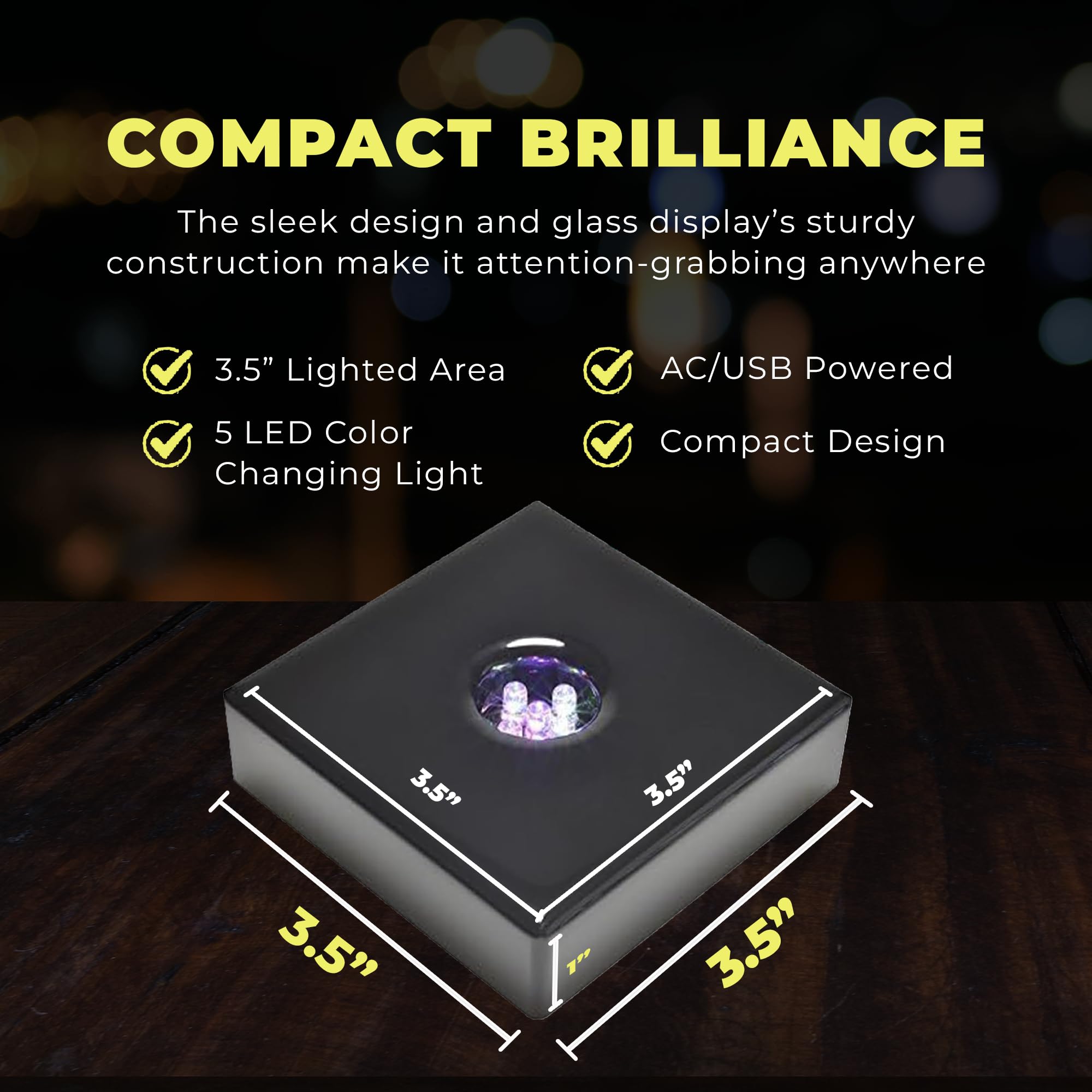 ASENTE LED Base Light Stand for Glass Art - Multi-color Changing, Satin Matte Black Wood, AC/USB Powered