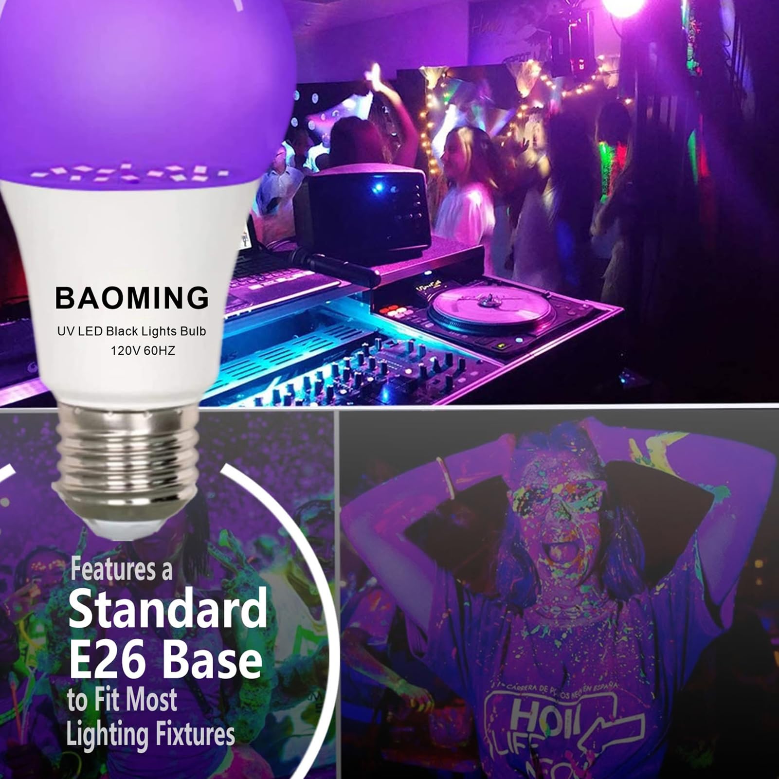 Baoming 12W Black Light Bulb Led Blacklight 12W (100Watt Equivalent), E26 Base 120V, Uva Level 390-400Nm, Glow In The Dark For B