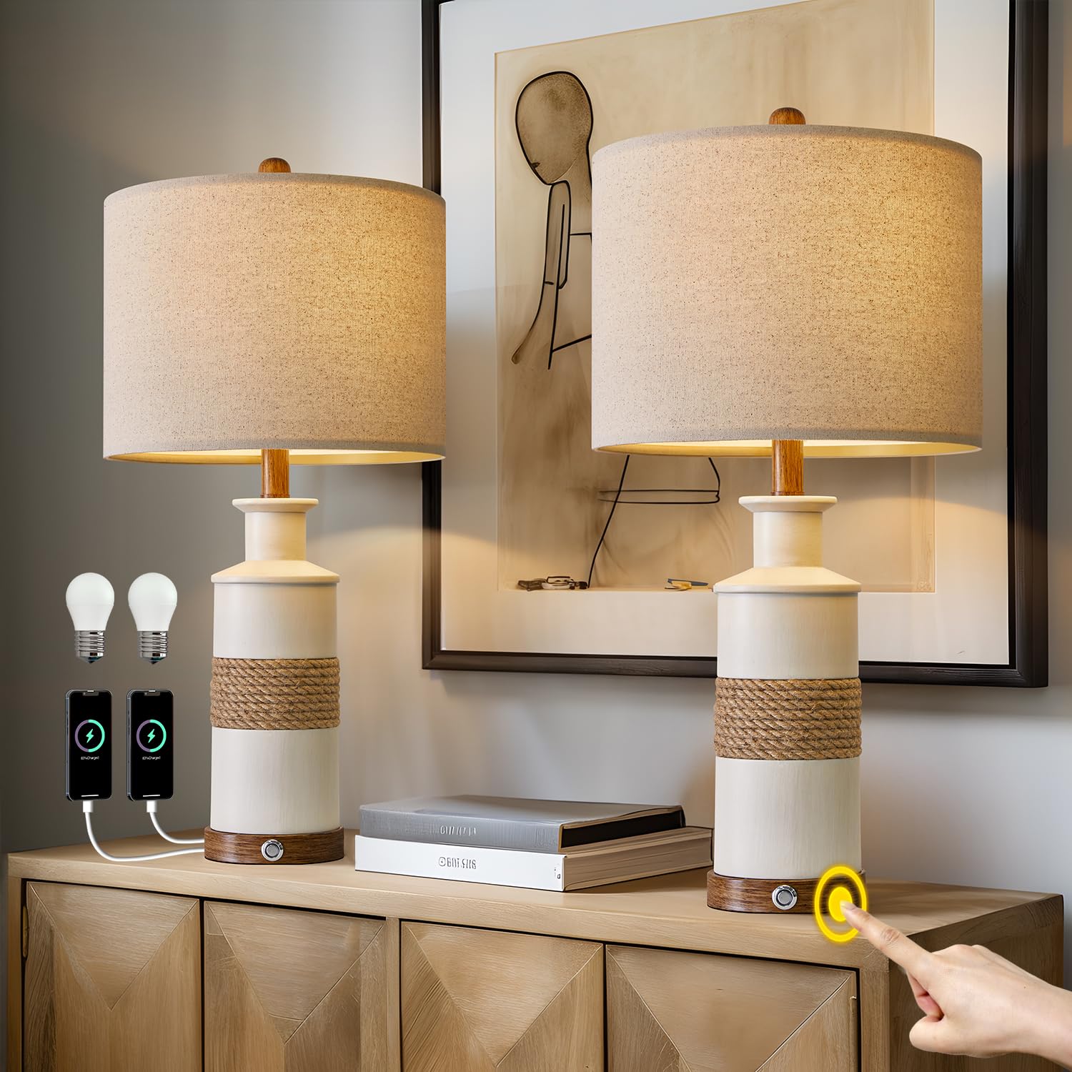 BOBOMOMO 24.5'' USB A+C 3-Way Dimmable Touch Control Boho Table Lamp Set of 2 for Living Room Nightstand Beside Lamps for Bedroo