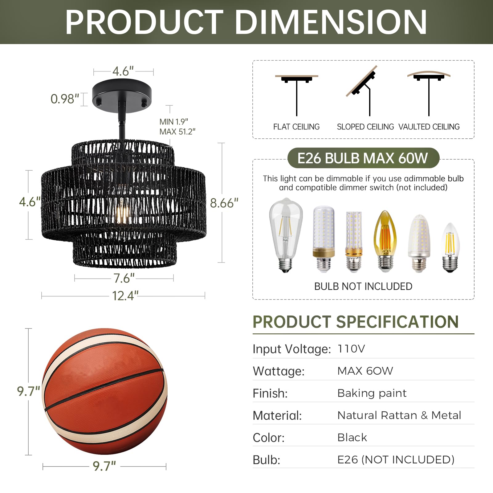 Intermaka 12.4    Black Boho Rattan Chandelier Light Fixture, 1-Light Hand Woven Pendant Light Fixture Farmhouse Rustic Hanging