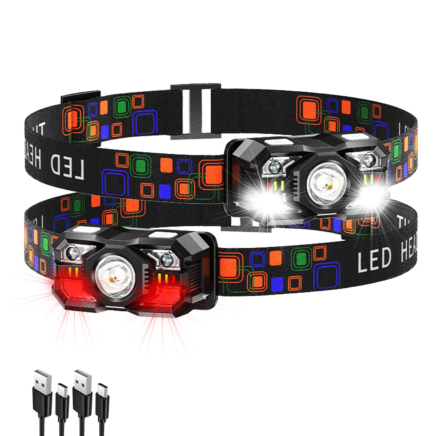Kunhe 2 Pack Headlamp Flashlight Head Lamps Led Rechargeable Headlight Motion Sensor Head Lamp 10 Mode For Outdoor Camping Gear 