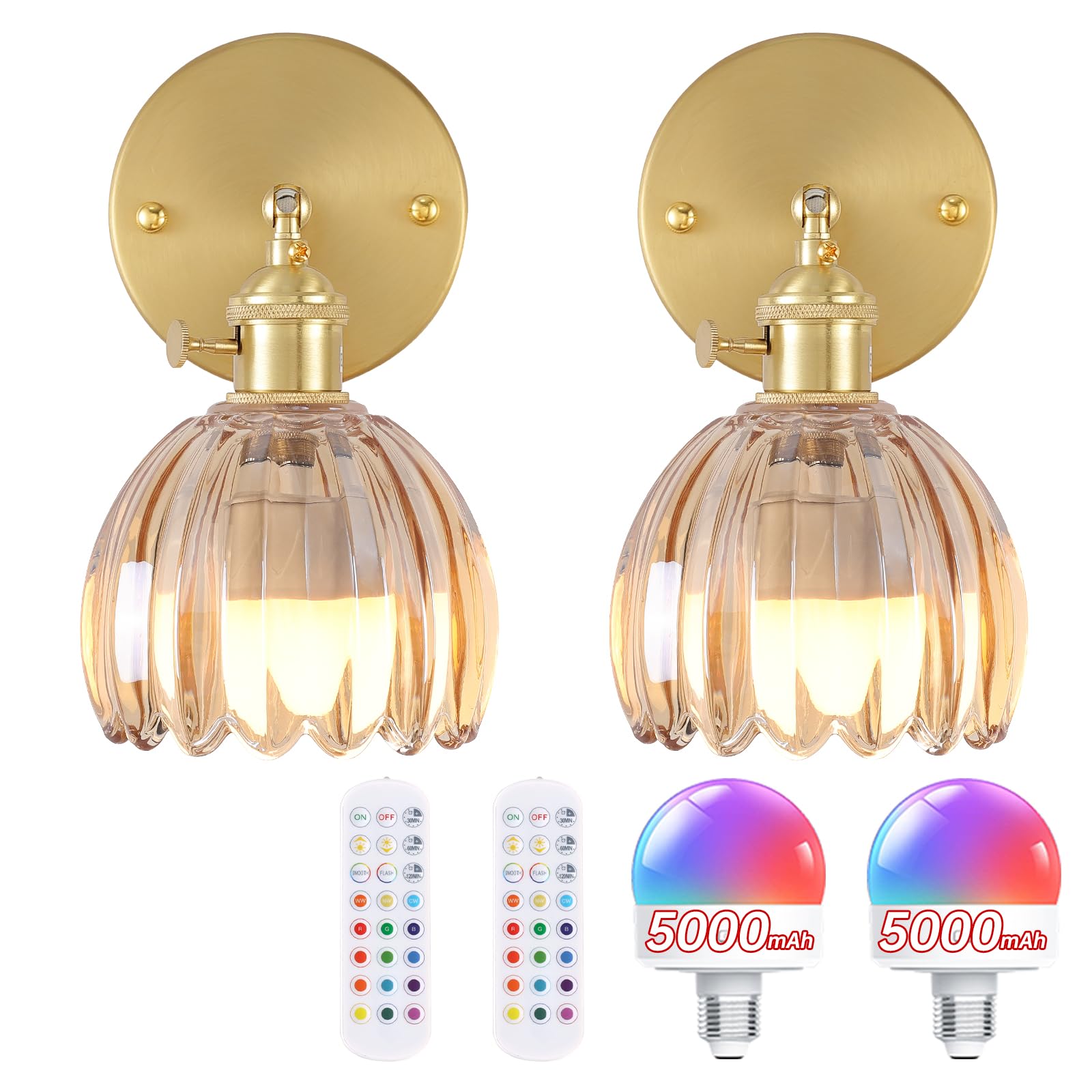 Shenmoyl Vintage Battery Operated Wall Sconce, Amber Glass Lampshade, Rechargeable 5000 mAh, Set of 2
