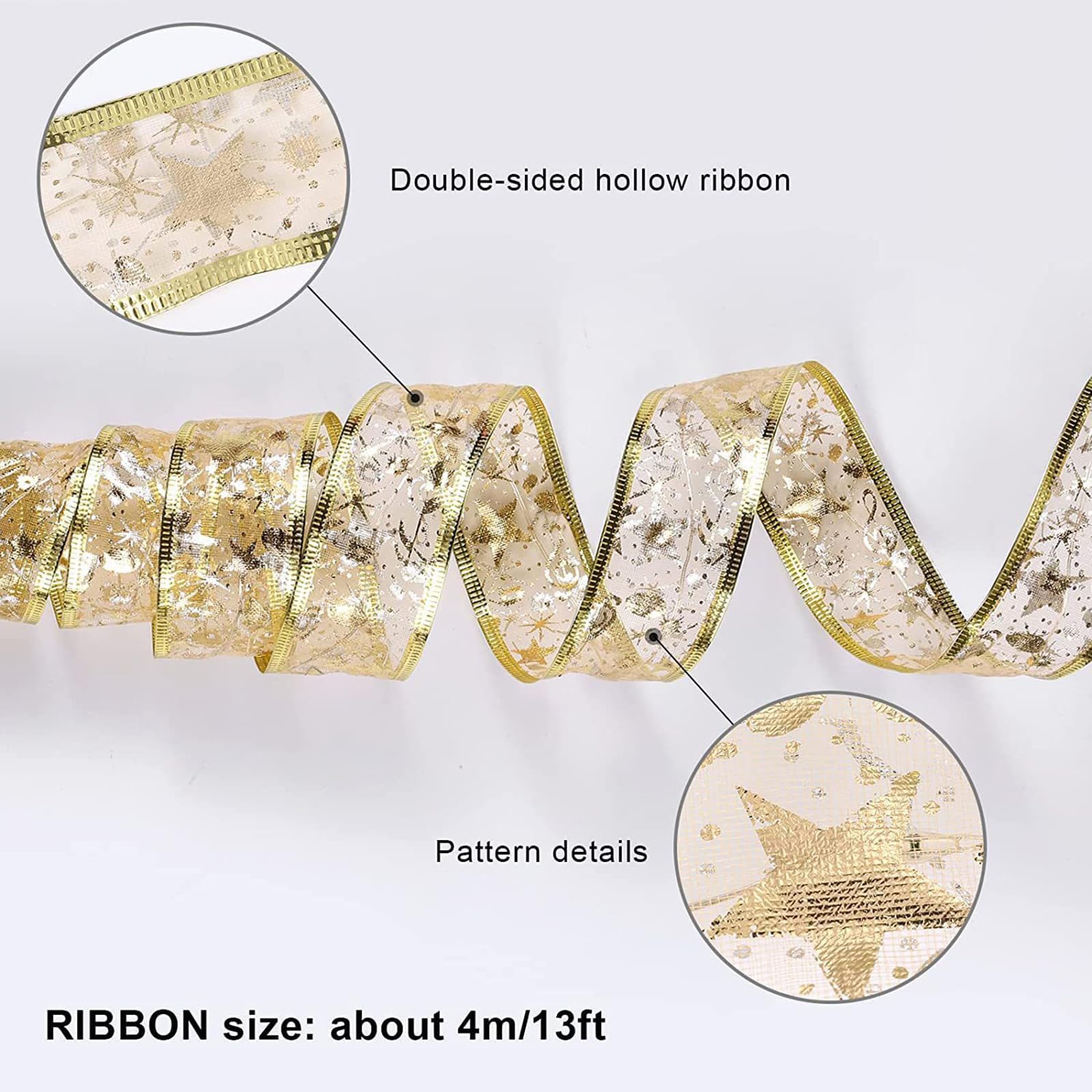 Zjhgdr Christmas Ribbon Fairy Lights  Copper Wire White String Lights Glitter Gold Ribbon Lights 2.5Inch X16.4Ft 50 Leds Battery Operated Fairy String Lights For Xmas Tree Indoor Decorations