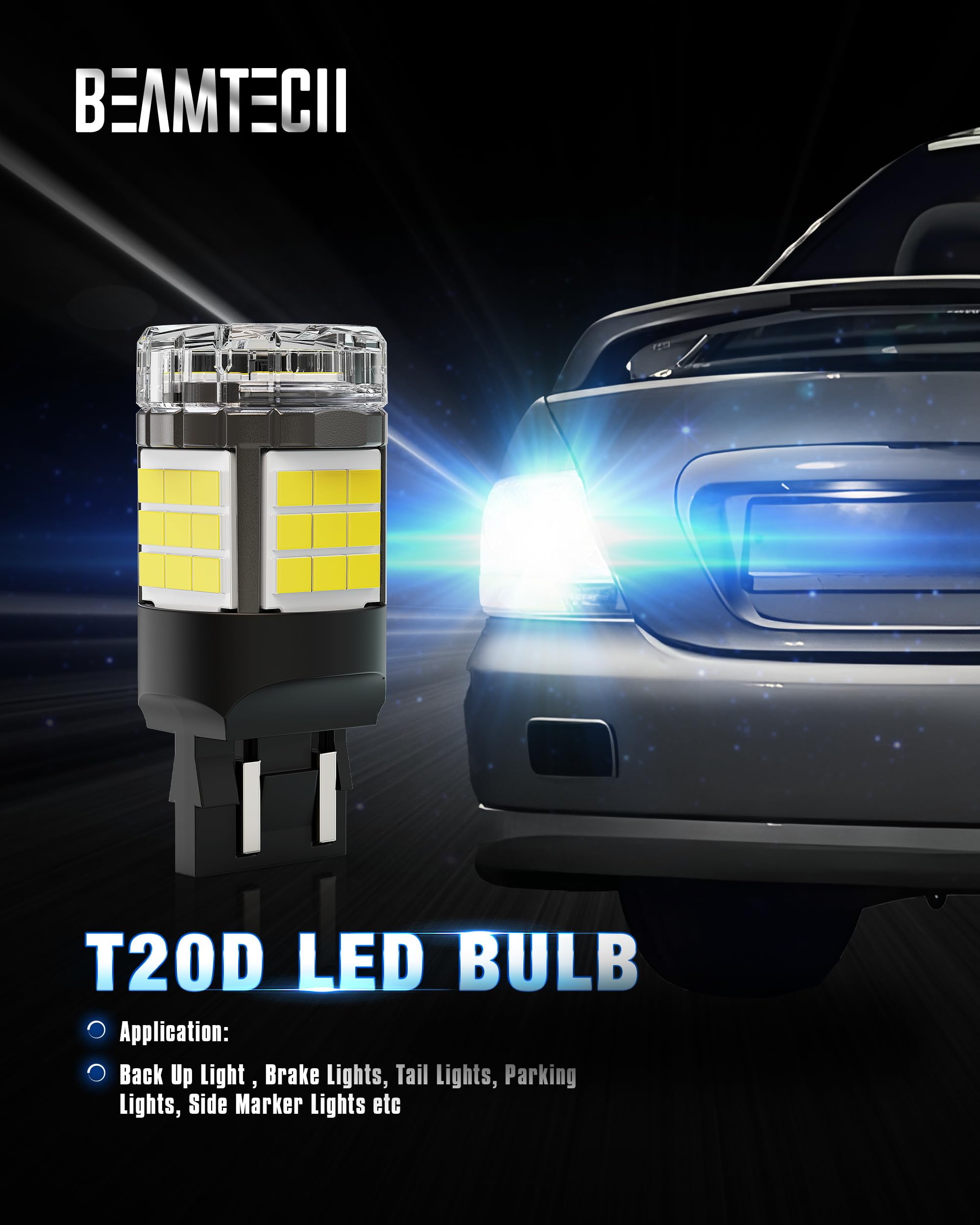BEAMTECH 7440 7443 LED Bulbs - 6500K White, CANBUS, Super Bright T20 Replacement for Reverse, Tail, Brake Lights, Pack of 2