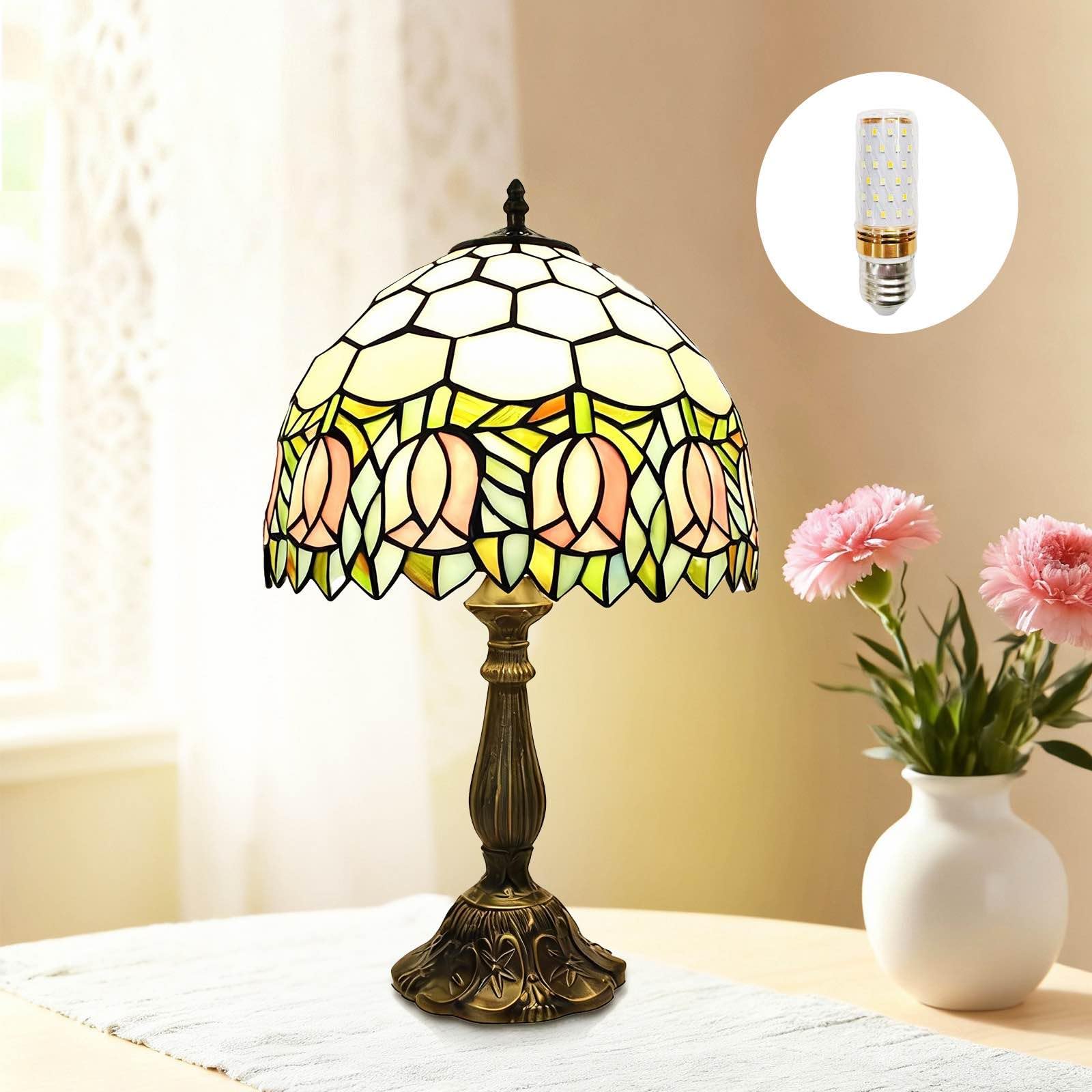 Plynvexa Tiffany Lamp Stained Glass Lamp Pink Tulip Bedroom Table lamp Reading Desk Light for Bedside Living Room Office Dormitory Dining Room Decorate Housewarming Gift 12X12X18 Include Light Bulb