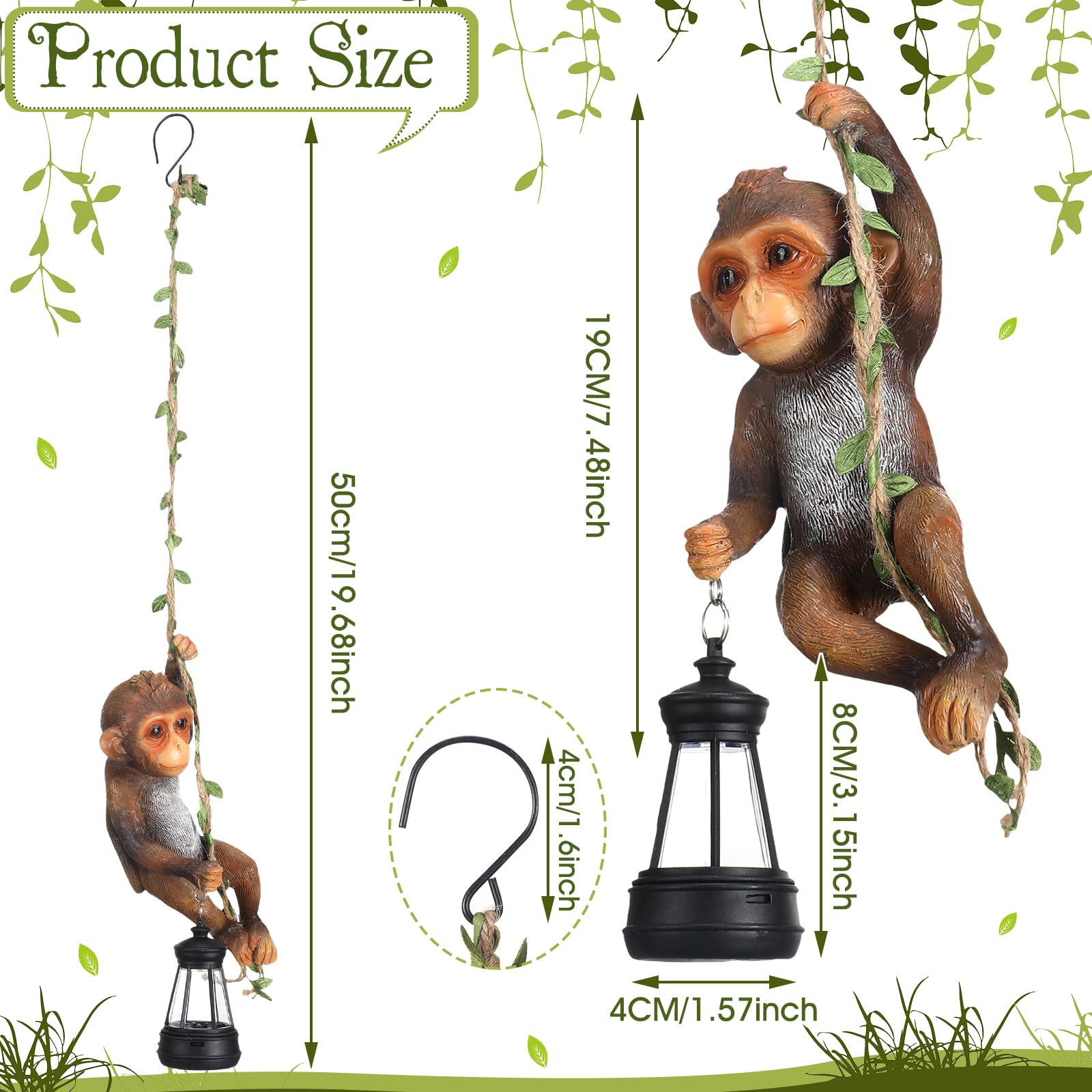 Rossesay Solar Light Outdoor Statues 7.48'' H Resin Chimpanzee Baby Monkey Climbing On A 19.68'' L Vine With Led Lantern Waterpr