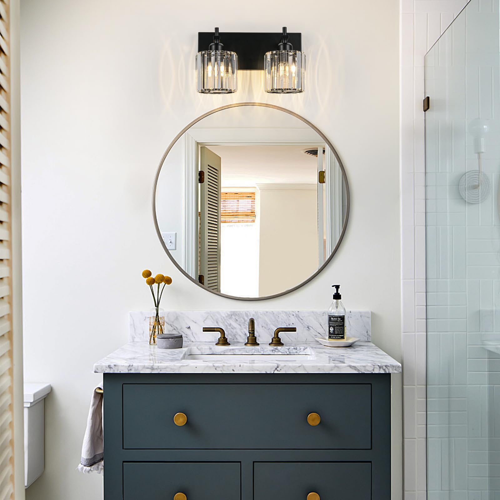 HUOKU Bathroom Vanity Lights, Modern 2-Light Fixture, Black Metal with Crystal Round Shade