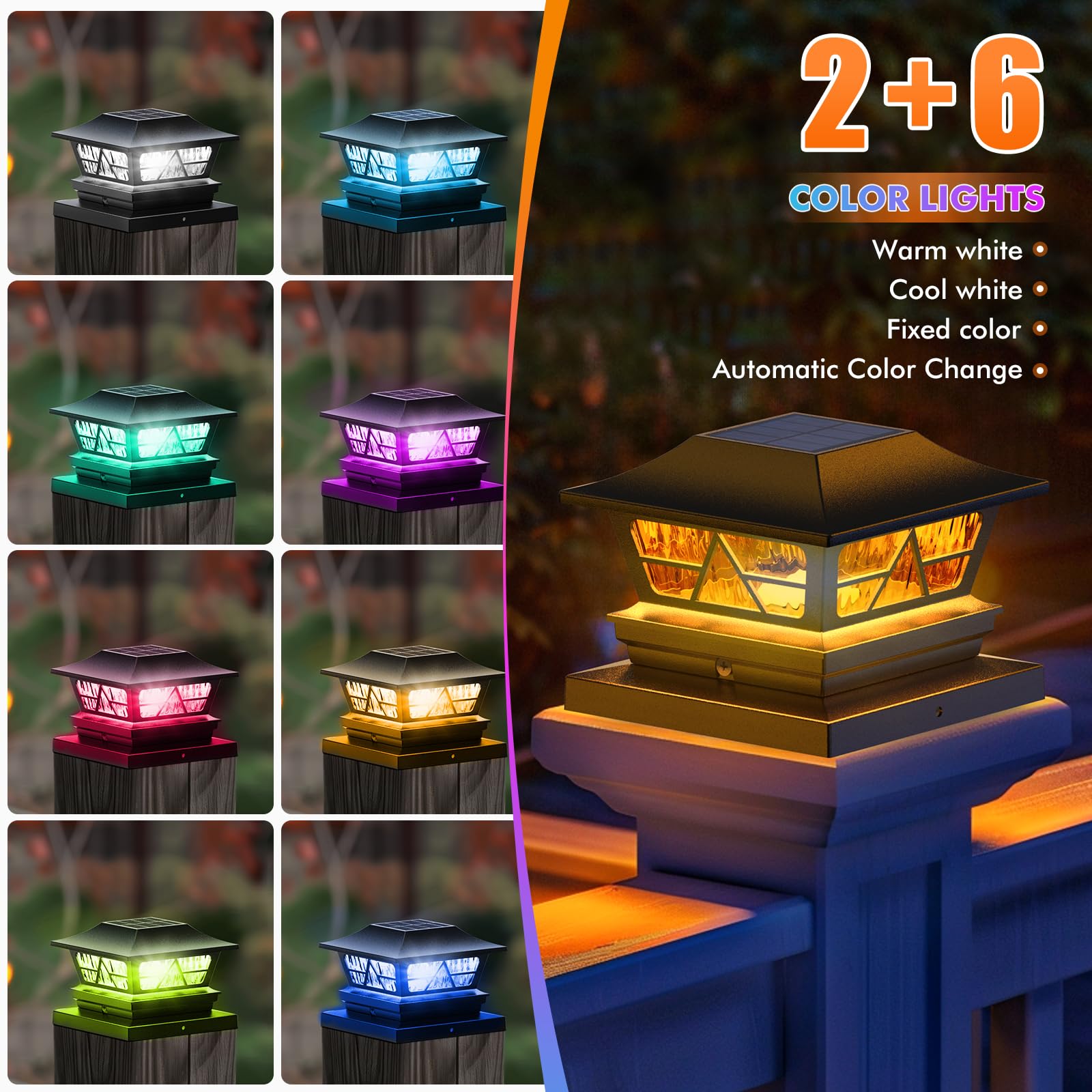 Viewsun Solar Post Lights, Waterproof RGB Color Changing, 8 Pack, Black, for 4x4 5x5 6x6 Vinyl/Wooden Fence, Model VV-LT111
