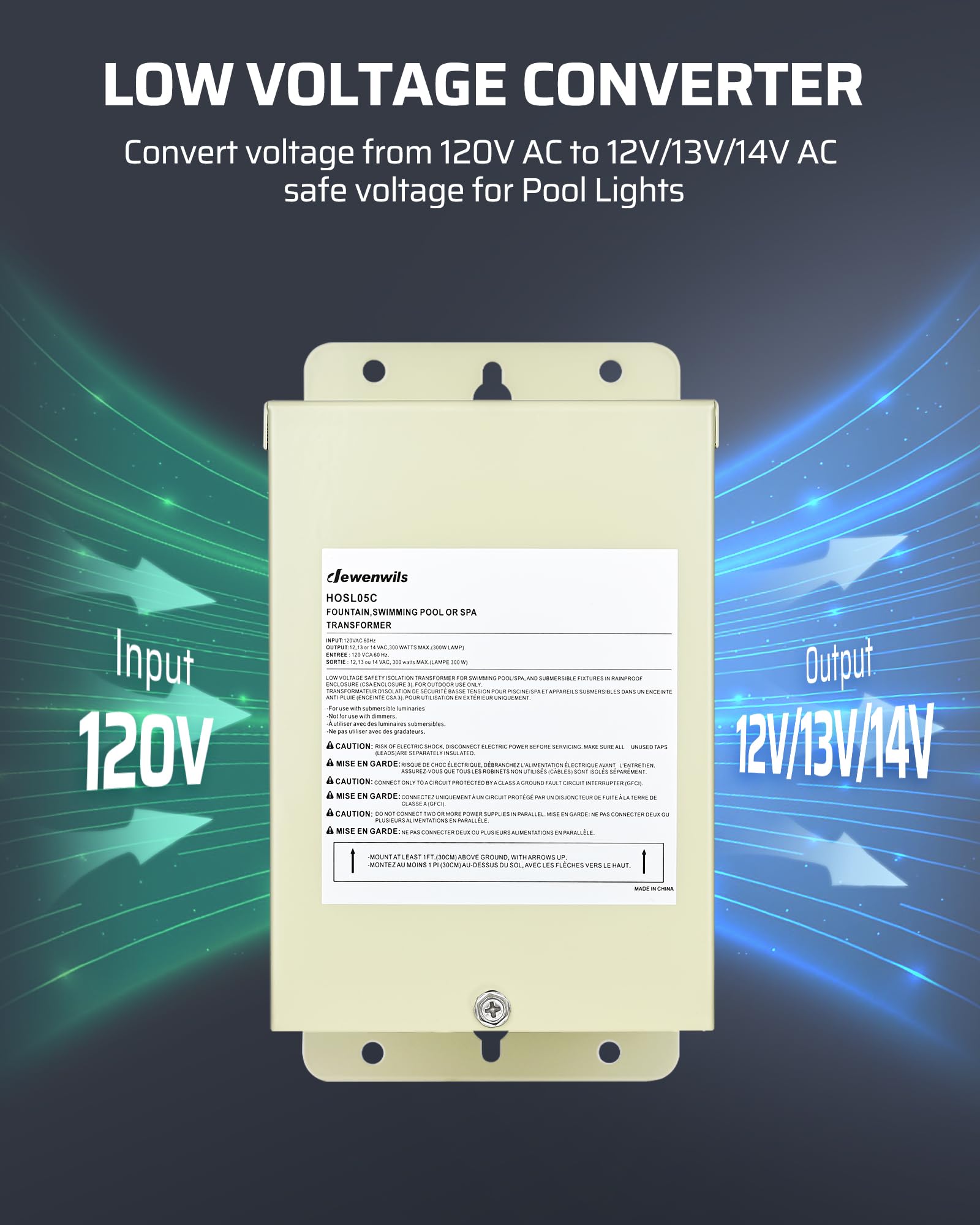 Dewenwils 300W Low Voltage Pool Light Transformer, 120V Ac To 12V/13V/14V Ac, Multi-Tap Safety Transformer For Pool Lighting, Spa, Underwater Fountain Lights, Outdoor Landscape Lights…