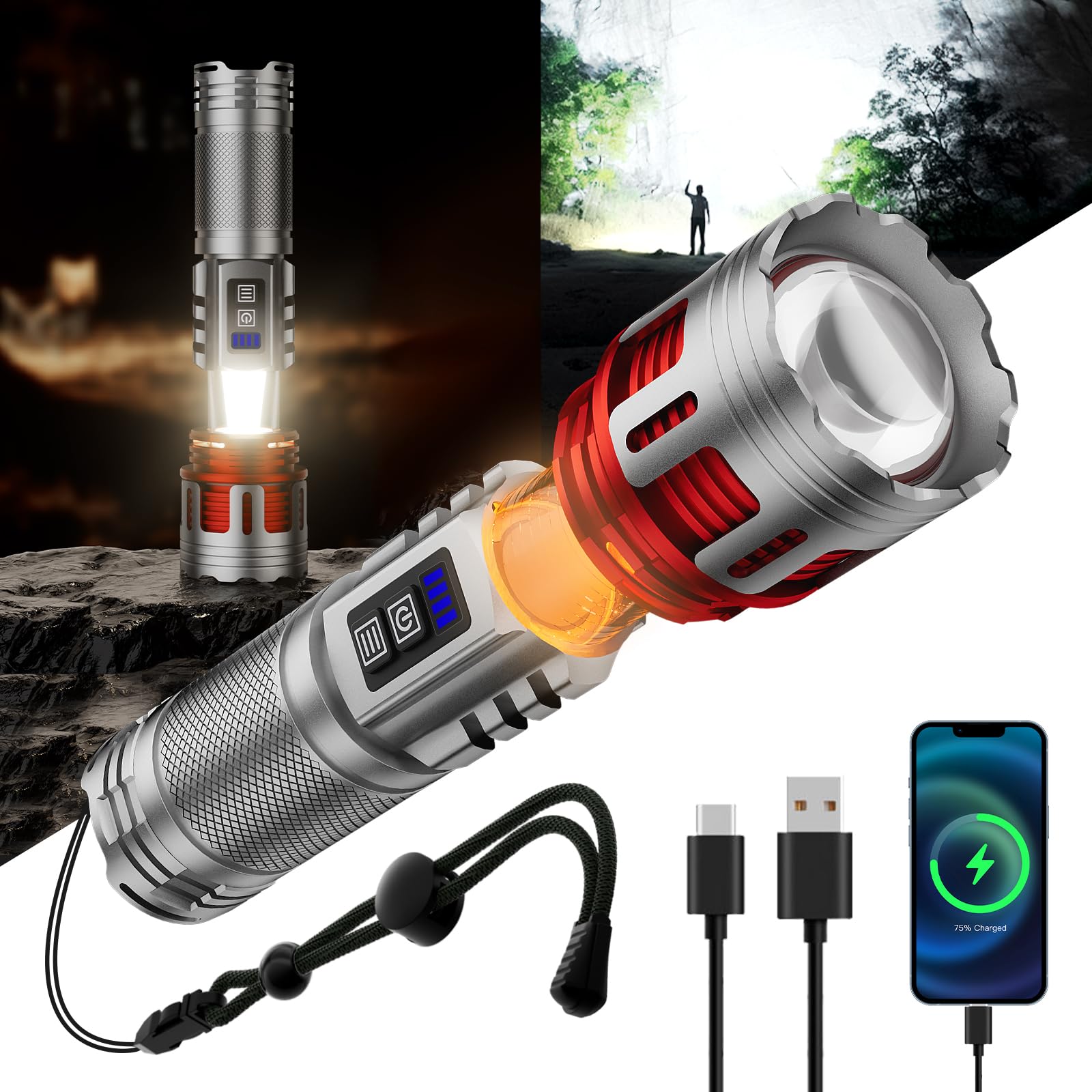 SKYFIRE LED Rechargeable Flashlight High Lumens with Ambient Lamp,8000 Super Bright Tactical Flashlights 2Colors,Focusable,Water