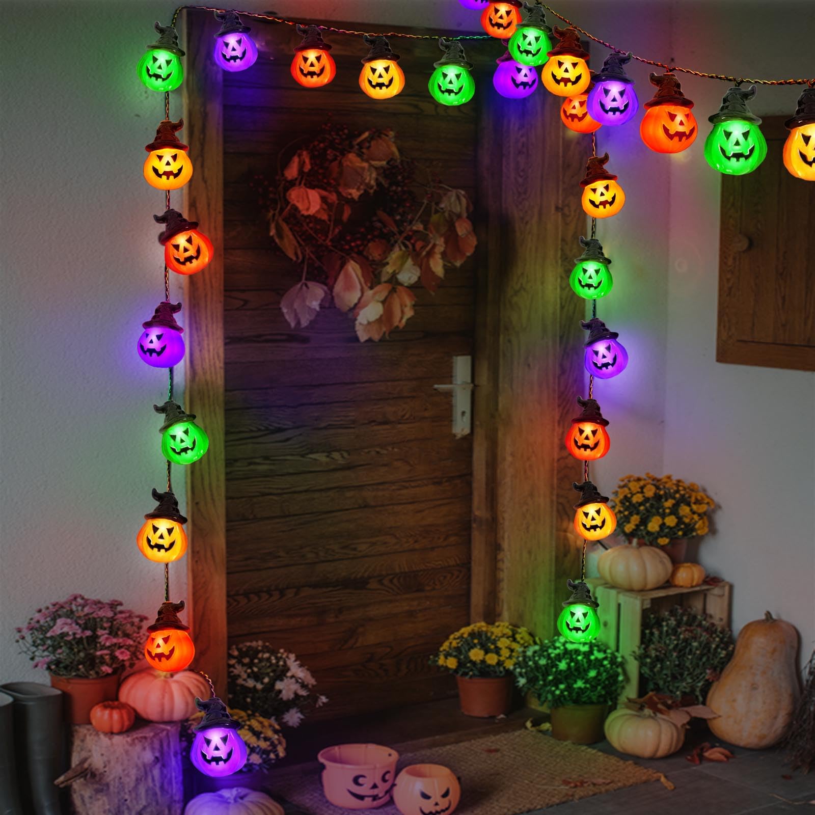 Windpnn Upgraded Battery Operated Halloween Pumpkin Lights, 30 Led, 8 Modes, Waterproof, Indoor Outdoor Use(Orange & Purple & Green Red)