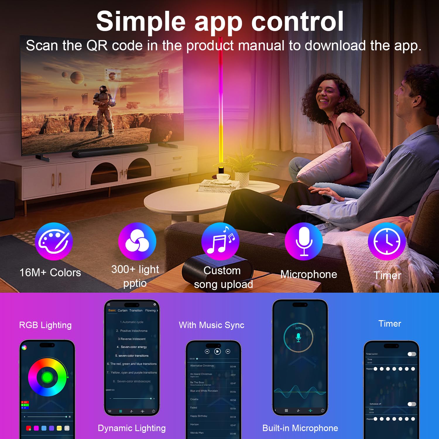 Carry360 Smart RGB Corner Floor Lamp - 2PCS, LED, APP & Remote Control, 1200 Lumen, Music Sync, Modern Design for Living Room & Bedroom